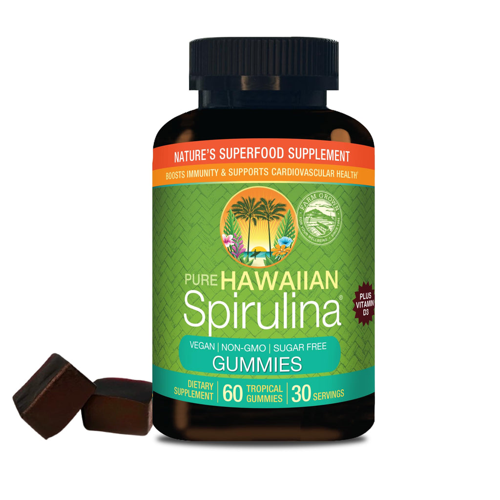 Nutrex Hawaii Pure Hawaiian Spirulina Gummies, Sugar-Free, Vegan, 60 Count | Spirulina Farm Grown in Kona, Hawaii, Superfood Supplement w/ Vitamin D3, Non-GMO, Glyphosate Residue Free, 3rd Party Tested