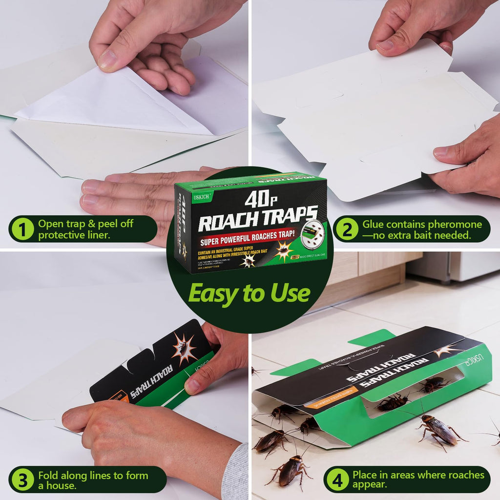 USKICH 40-Pack Roach Traps Indoor, Sticky Cockroach Trap, Glue Roach Traps, Roach Motel, Glue Traps for Roaches, Kid & Pet Friendly (Upgrade Recipe)