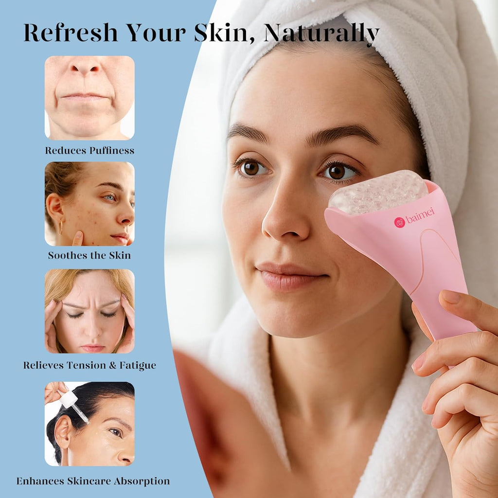 Buy now BAIMEI IcyMe Ice Roller for Face and Gua Sha Facial Tool Set, Ice Face Roller Reduces Puffiness Relieves Migraines Skin Care Tools, Self Care Gift for Women - Pink at indiglob india