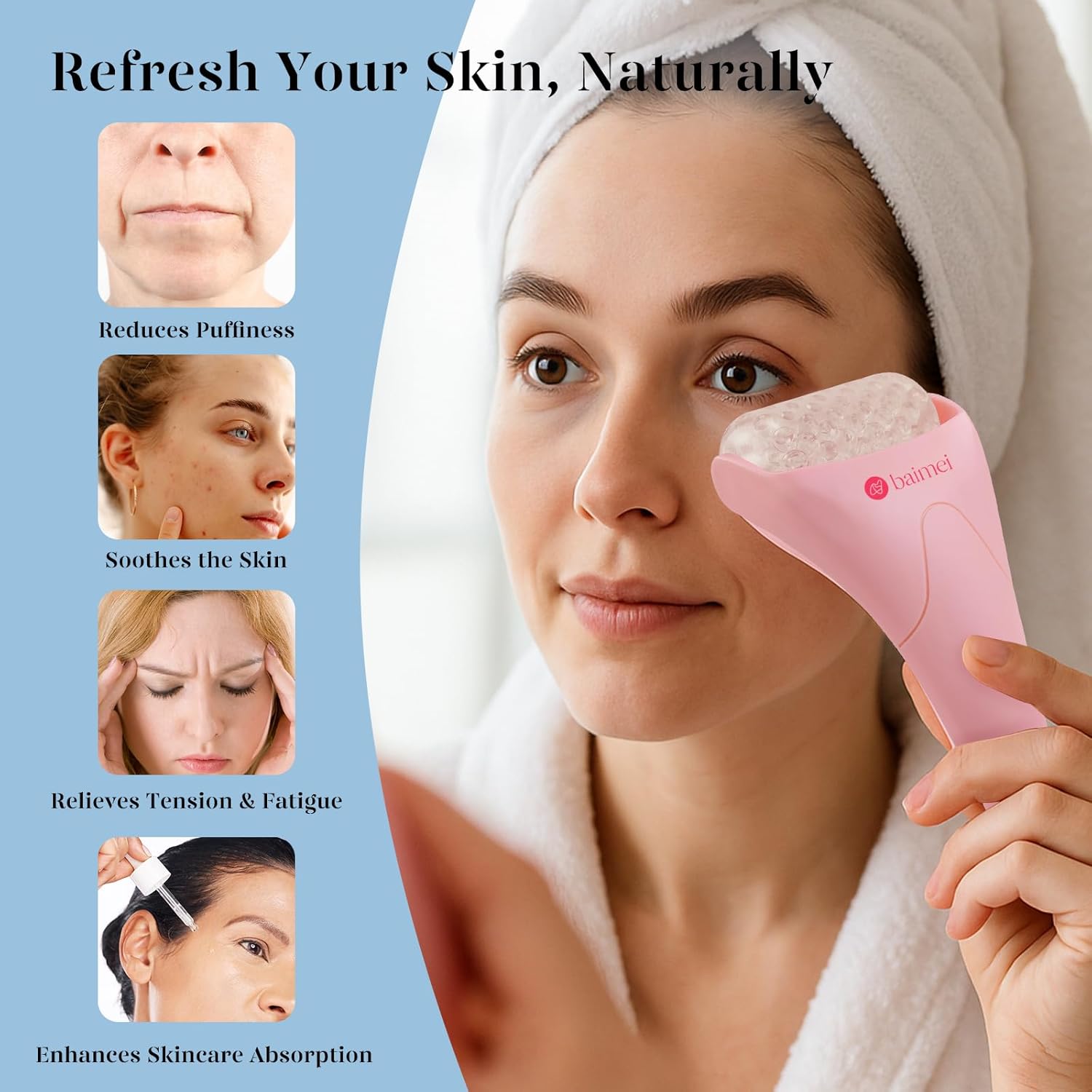Buy now BAIMEI IcyMe Ice Roller for Face and Gua Sha Facial Tool Set, Ice Face Roller Reduces Puffiness Relieves Migraines Skin Care Tools, Self Care Gift for Women - Pink at indiglob india