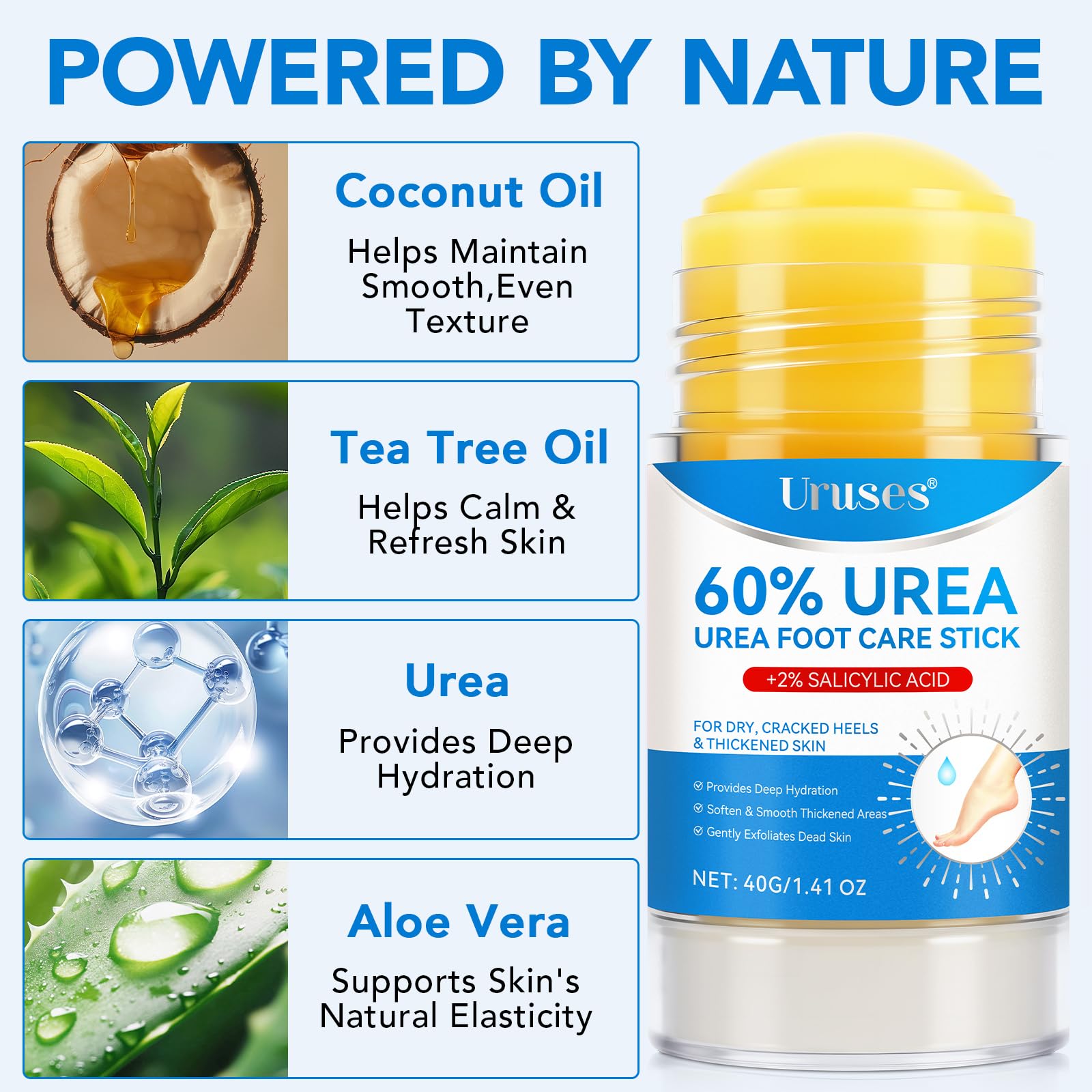 Uruses Urea Cream 60% plus Salicylic Acid 2% Urea Foot Care Stick, Foot Cream for Foot Callus Remover, Feet Moisturizer Stick for Dry Cracked Heels, Hands, Knees, Hydrating Heel Balm, Easy To Use