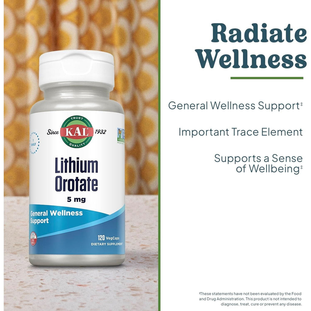 Buy now KAL Lithium Orotate 5 milligrams | Low Serving Of Chelated Lithium Orotate For Bioavailability and Mood Support | In Organic Rice Bran Extract Base | 120 VegCaps at indiglob india