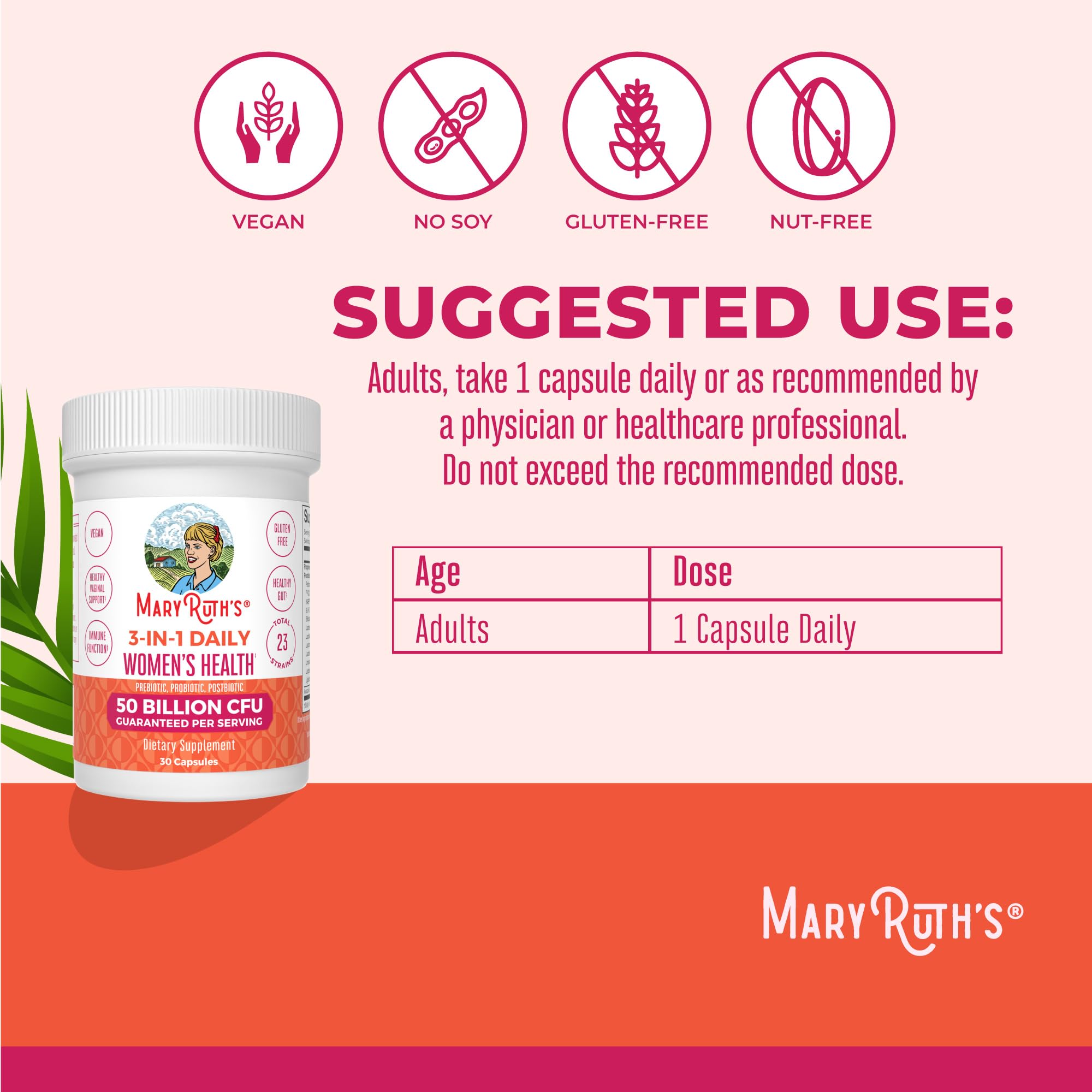 MARYRUTH'S 3-in-1 Daily Health Probiotics + Postbiotics for Women | Hormone Support & Gut Health Supplement for Women | Women’s Probiotic Supports Vaginal Health | 50 Billion CFU | Vegan | 30 ct