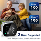 iHome Wrist Blood Pressure Monitor Rechargeable Digital Voice Broadcast LED Backlit BP Machine 199 Memory Storage for 2 Users with Carrying Case for Home Use