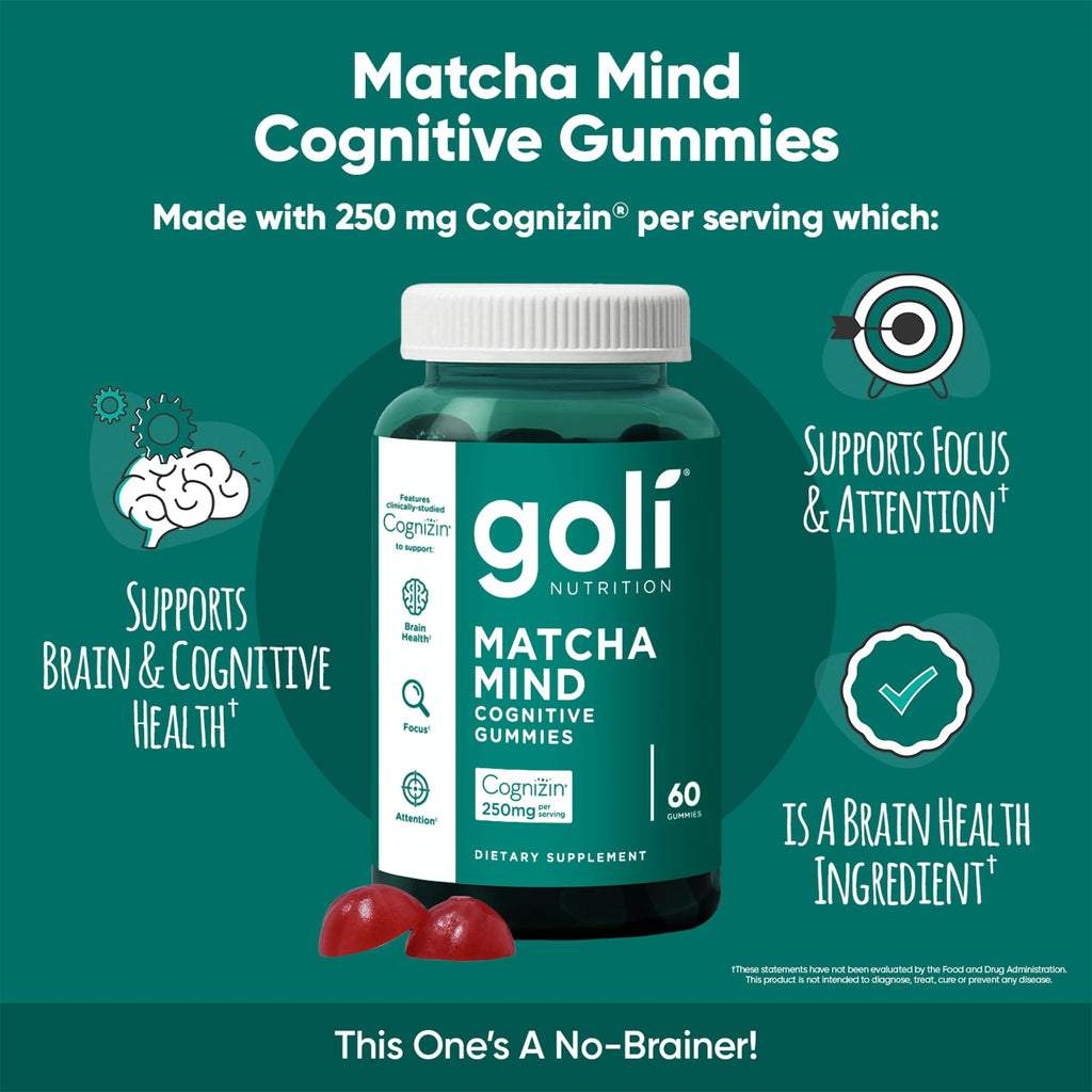 Goli Matcha Mind Cognitive Gummies with Cognizin Citicoline - 250mg Citicoline Plus Matcha Powder - Brain Health and Focus Support - Vegan, Non-GMO, Gluten-Free, 180 Count (3 Pack)