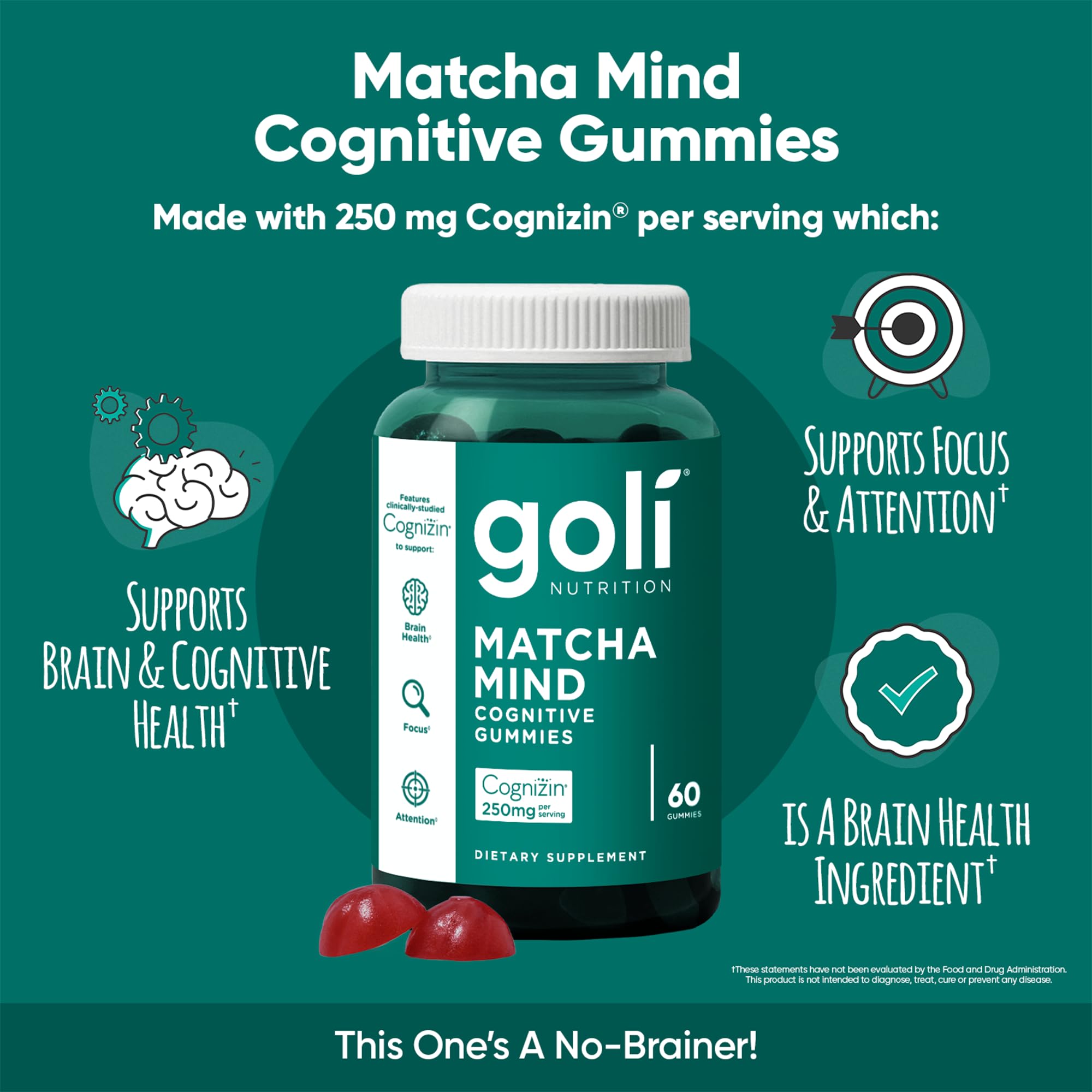 Goli Matcha Mind Cognitive Gummies with Cognizin Citicoline - 250mg Citicoline Plus Matcha Powder - Brain Health and Focus Support - Vegan, Non-GMO, Gluten-Free, 180 Count (3 Pack)