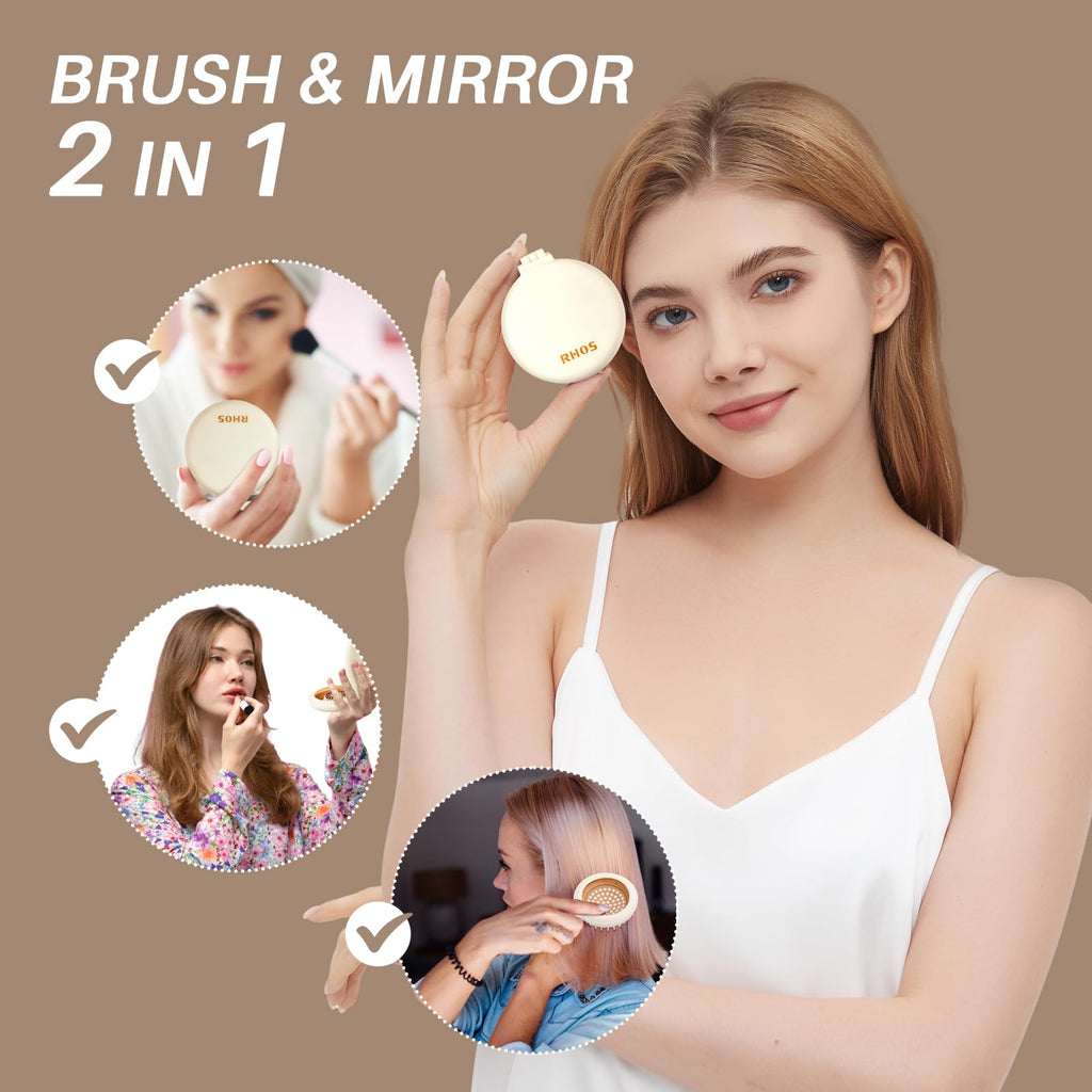Authentic RHOS 2-in-1 Folding Brush with Mirror for women; compact, stylish, and perfect for on-the-go touch-ups.