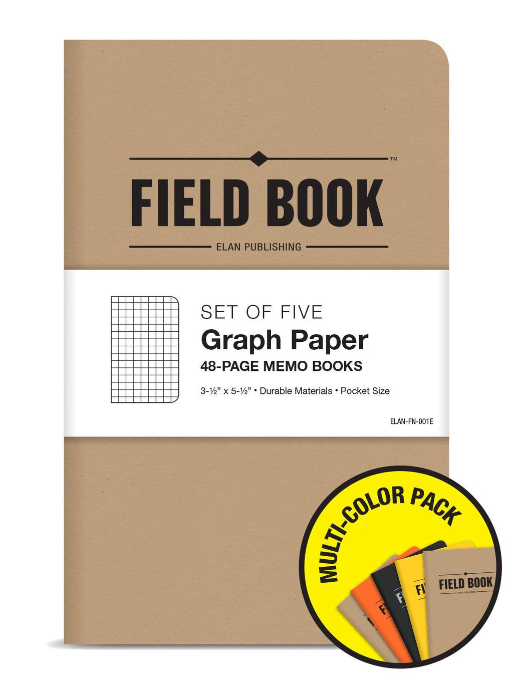 Elan Publishing Company Field Notebook/Pocket Journal - 3.5"x5.5" - Combination of Kraft, Black, Orange, Yellow - Graph Memo Book - Pack of 5