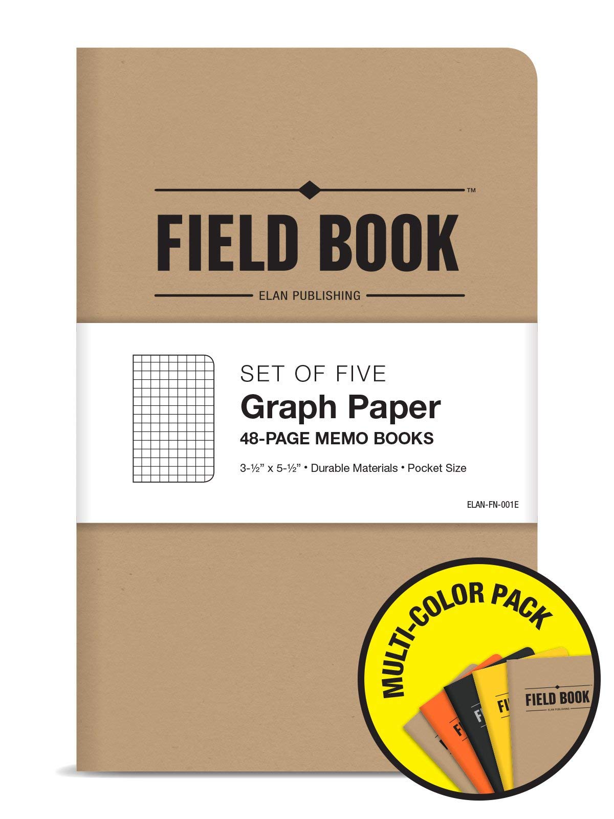 Elan Publishing Company Field Notebook/Pocket Journal - 3.5"x5.5" - Combination of Kraft, Black, Orange, Yellow - Graph Memo Book - Pack of 5