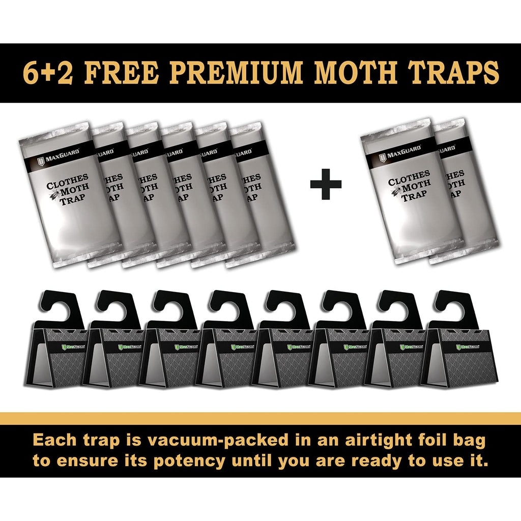 MaxGuard Clothes Moth Traps (6+2 Free Traps) with Extra Strength Pheromones | Non-Toxic Sticky Glue Trap for Closets and Carpet Moths | No Mothballs | Lure, Trap and Kill Case-Bearing Webbing Moths |