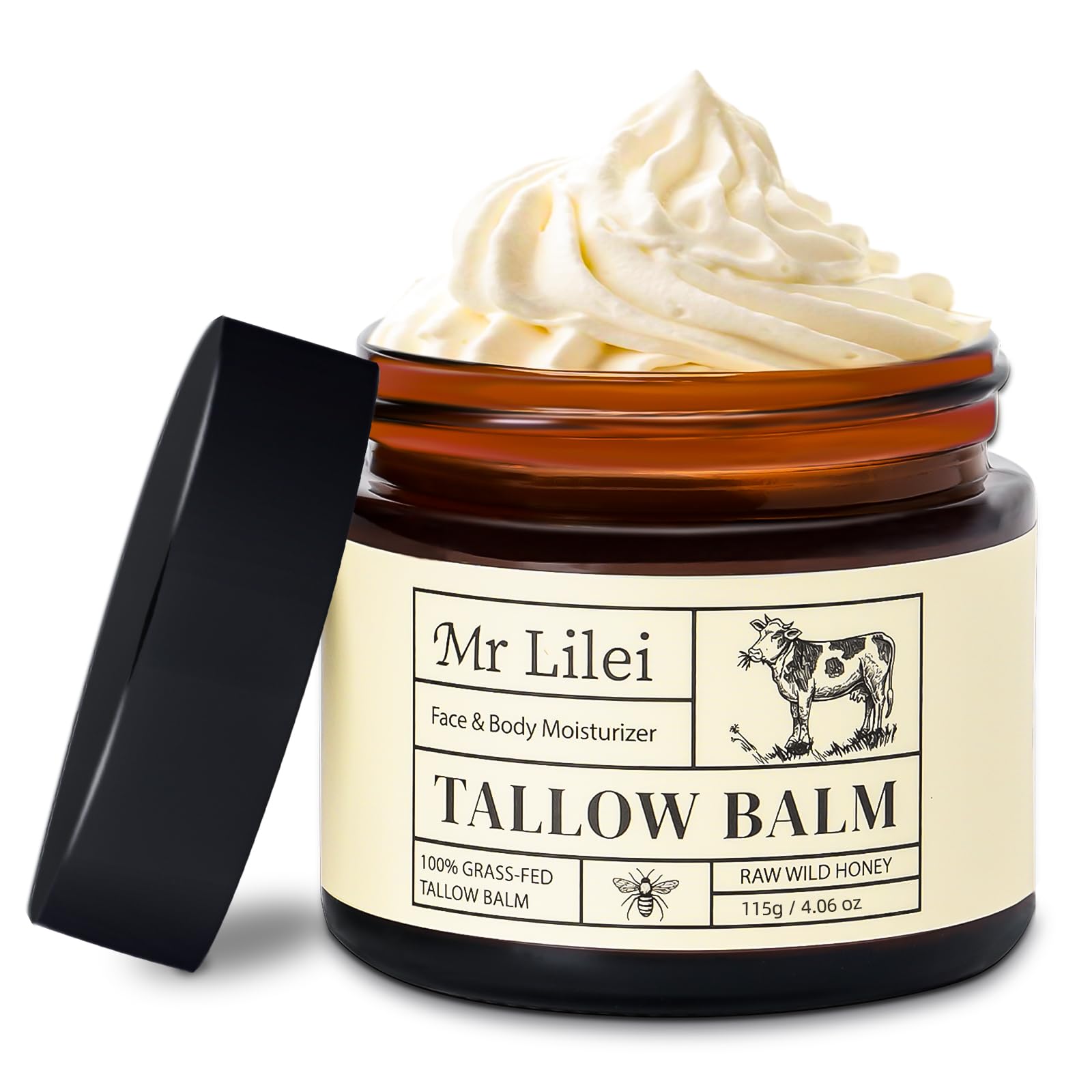 Beef Tallow for Skin - 100% Grass Fed Whipped Tallow and Honey Balm - Unscented, Non-Greasy Daily Face Moisturizer & Body Butter for Dry Sensitive Skin (5oz)
