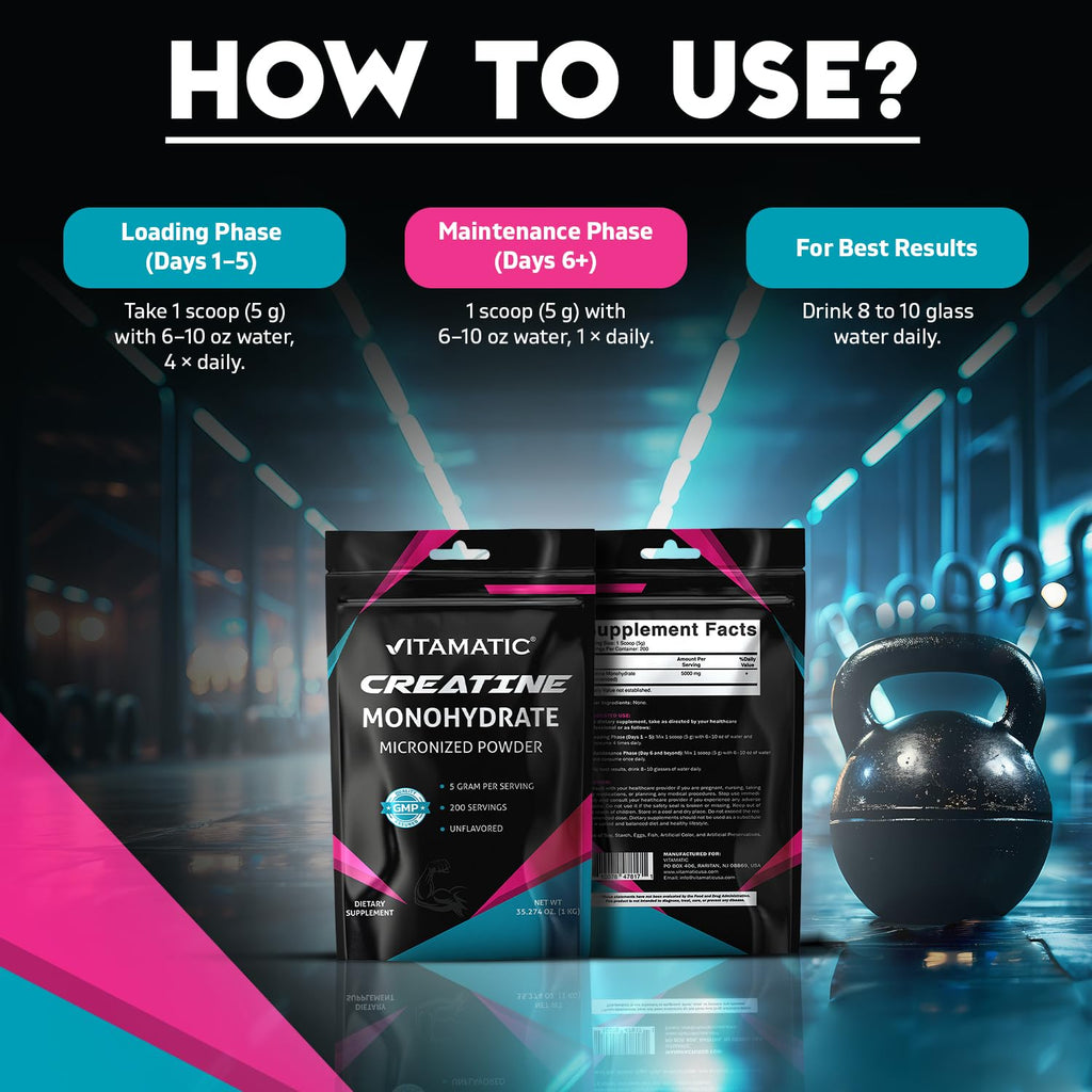 Vitamatic Creatine Monohydrate Powder – 5000 mg Per Serving, 1 kg, Unflavored, Micronized Creatine Supplement, Vegan, Non-GMO, Gluten Free