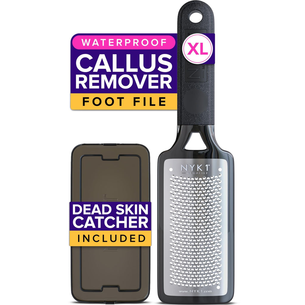 NYK1 RUSTPROOF Foot File Callus Remover for Feet with Catcher | XL Size | MegaFile Hard Skin Remover Foot Scraper for Wet and Dry Use - Non-Slip Textured Grip for Smooth, Soft & Callus-Free Feet