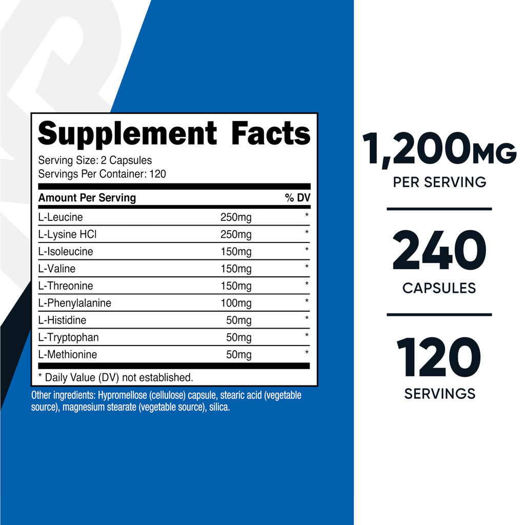 Nutricost EAA Capsules 1200mg, 240 Capsules, Essential Amino Acids | 120 Servings, Gluten-Free, Vegan, GMO-Free