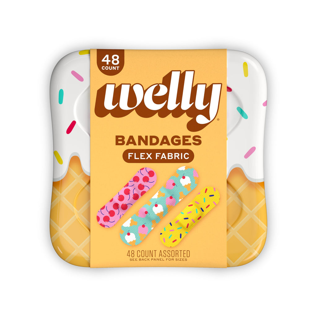Welly Bandages | Adhesive Flexible Fabric Bravery Badges | Assorted Shapes for Minor Cuts, Scrapes, and Wounds | Colorful and Fun First Aid Tin | Ice Cream Patterns - 48 Count