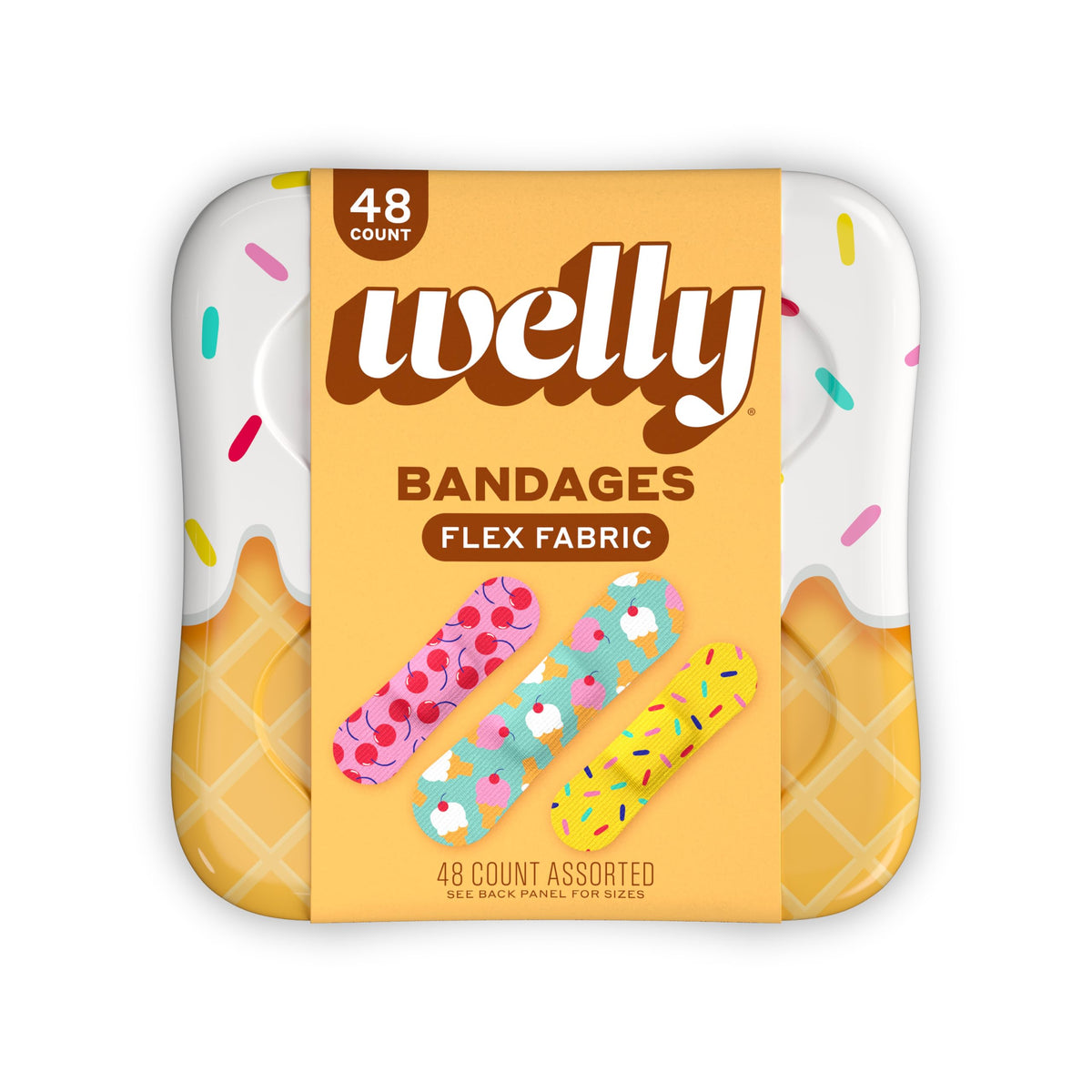 Welly Bandages | Adhesive Flexible Fabric Bravery Badges | Assorted Shapes for Minor Cuts, Scrapes, and Wounds | Colorful and Fun First Aid Tin | Ice Cream Patterns - 48 Count