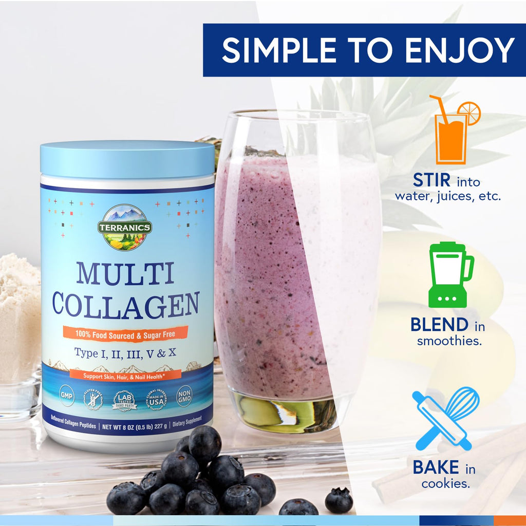 Terranics Multi Collagen Peptides Powder, Type I II III V X Hydrolyzed Collagen for Women+Men, Collagen Supplements, Fast Dissolve, Unflavored Colageno, No Sugar, Keto, 8oz