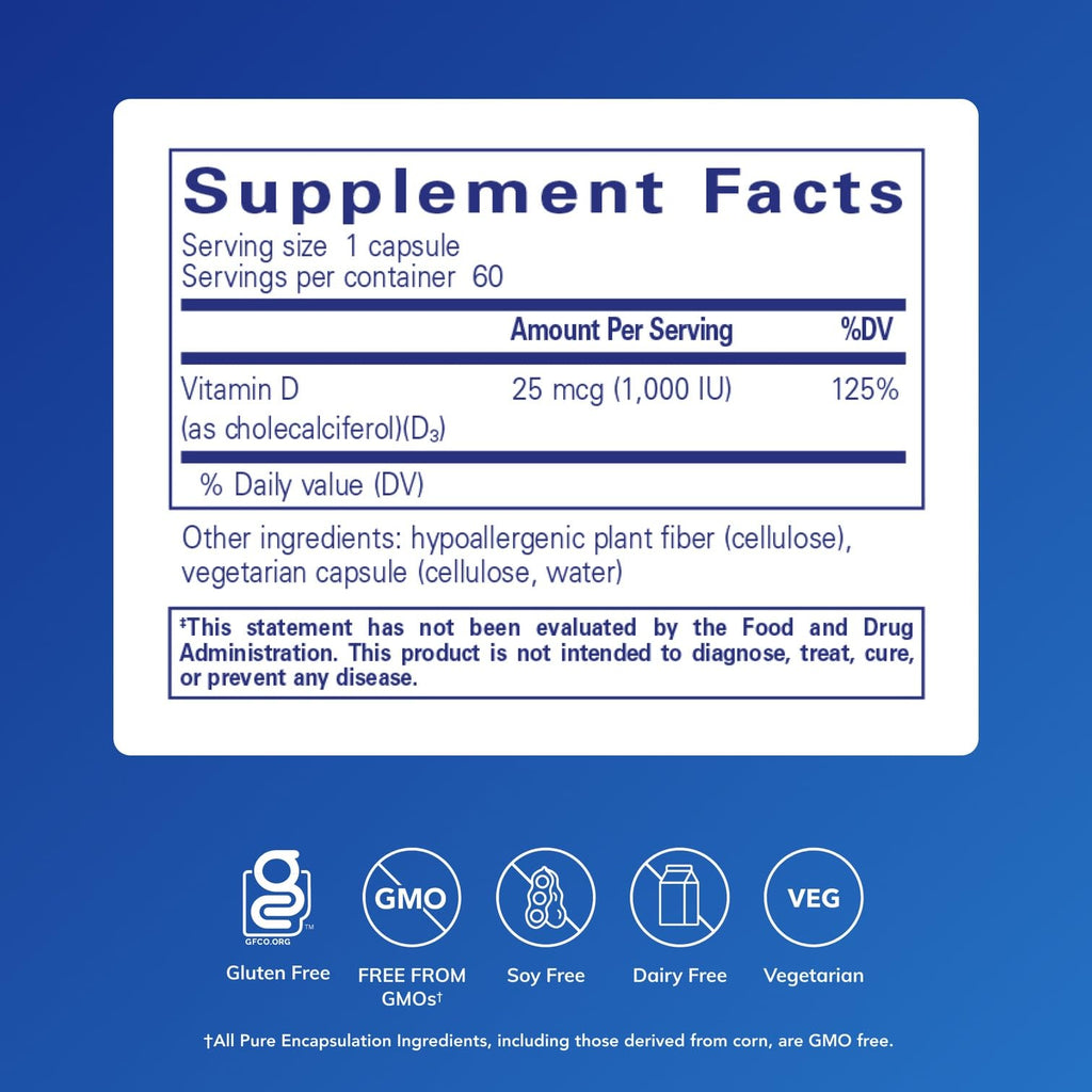 Pure Encapsulations Vitamin D3 25 mcg (1,000 IU), 60 Capsules | Supplement to Support Bone, Joint, Breast, Heart, Colon and Immune Health*, with Premium Vitamin D