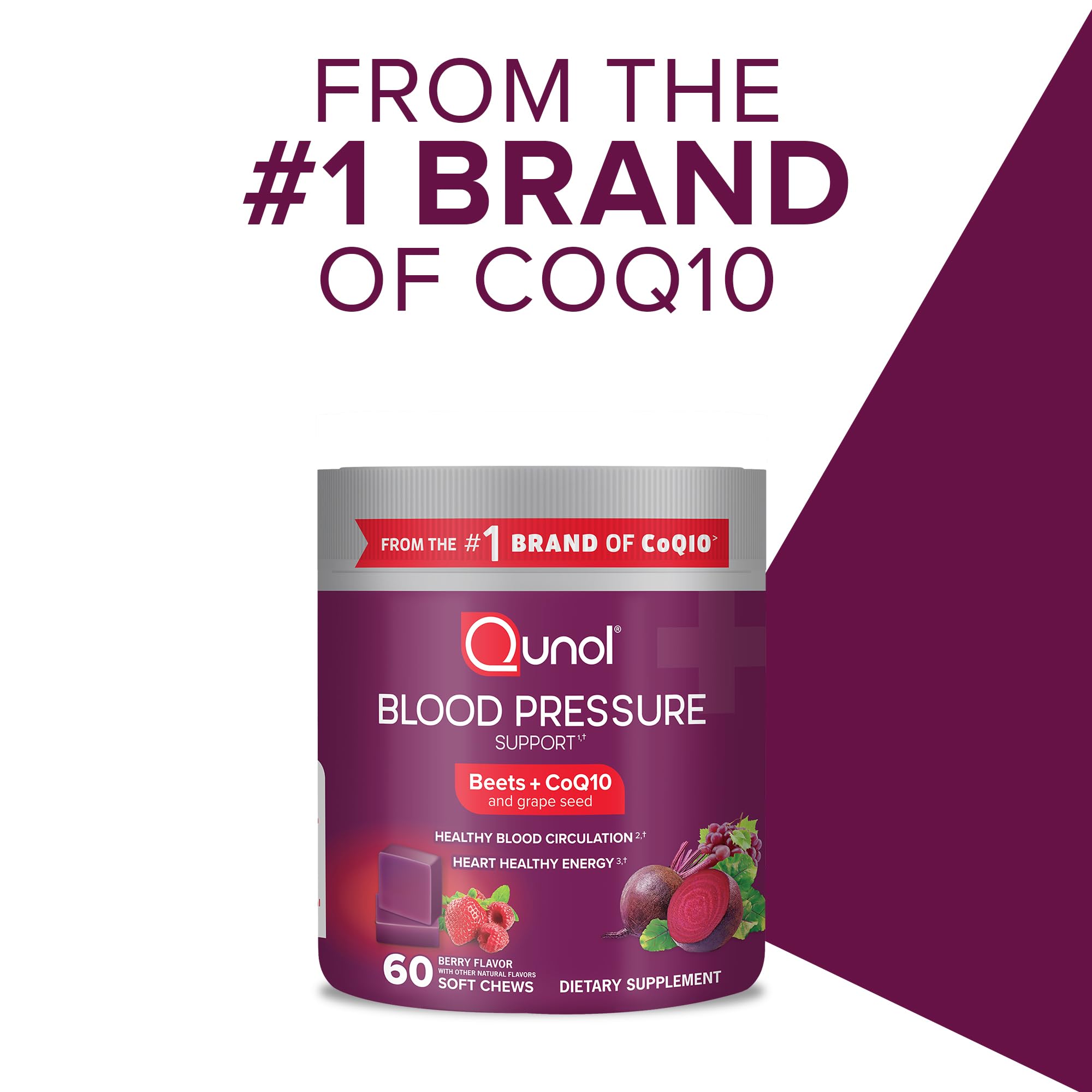 Qunol 3-in-1 Beet Roots Chews with CoQ10, Blood Pressure Support, 60ct | Supports Healthy Blood Circulation & Heart Healthy Energy, From the #1 Brand of CoQ10, Vegetarian, No Synthetic Dyes