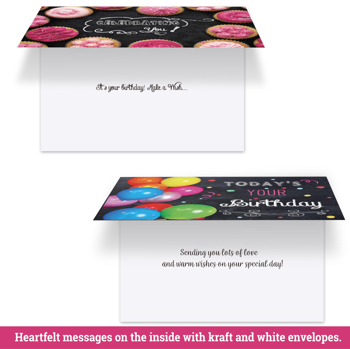 120 Birthday Cards Bulk- Happy Birthday Cards with Envelpoes,30 Unique Blackboard Designs, Large 5x7 Inches, Includes Kraft and White Envelopes – Assorted Birthday Cards for Business & Personal Use