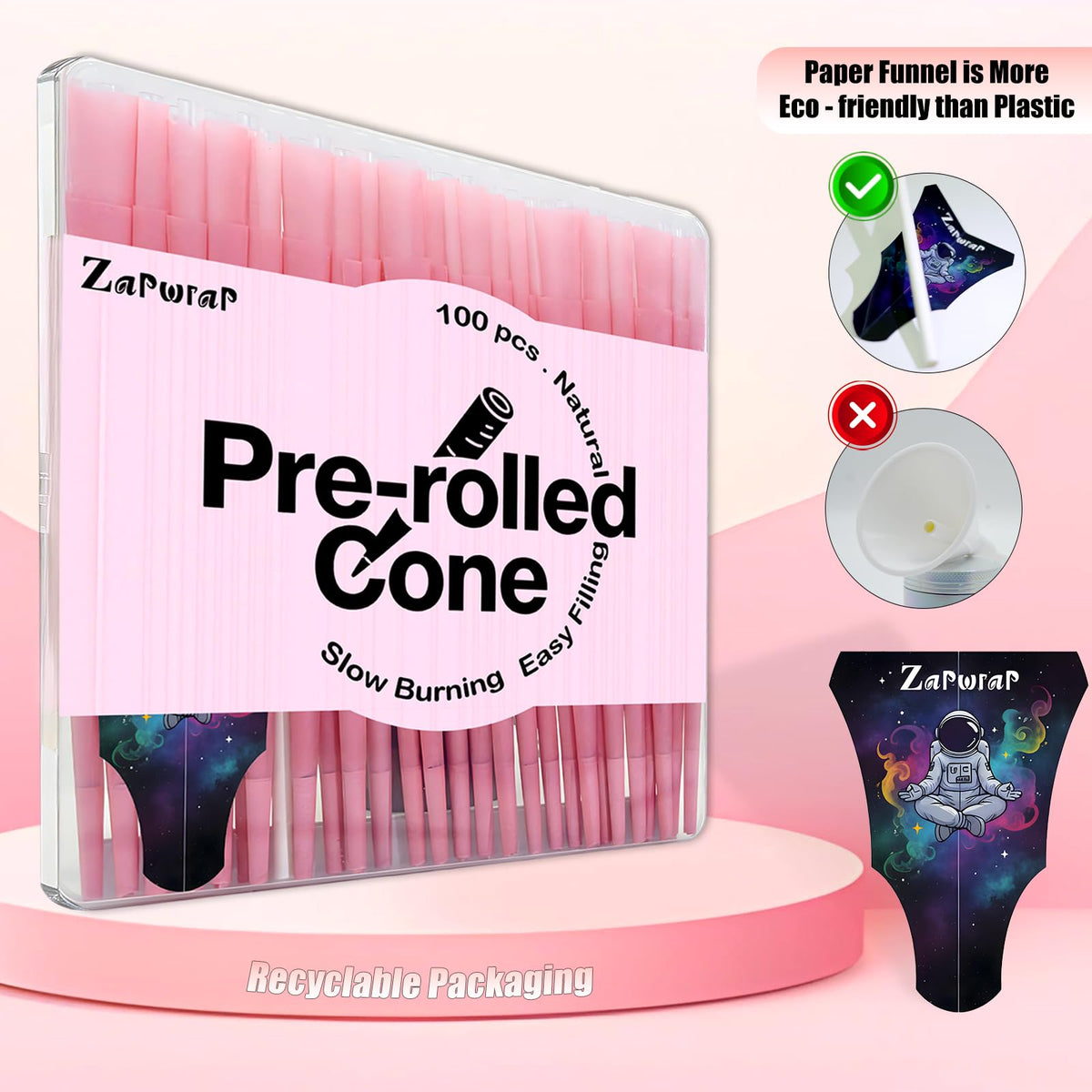 100 PACK Pink Cones Rolling Paper | King Size | 108mm | Pre Rolled Cones with Paper Loader and Packing Sticks
