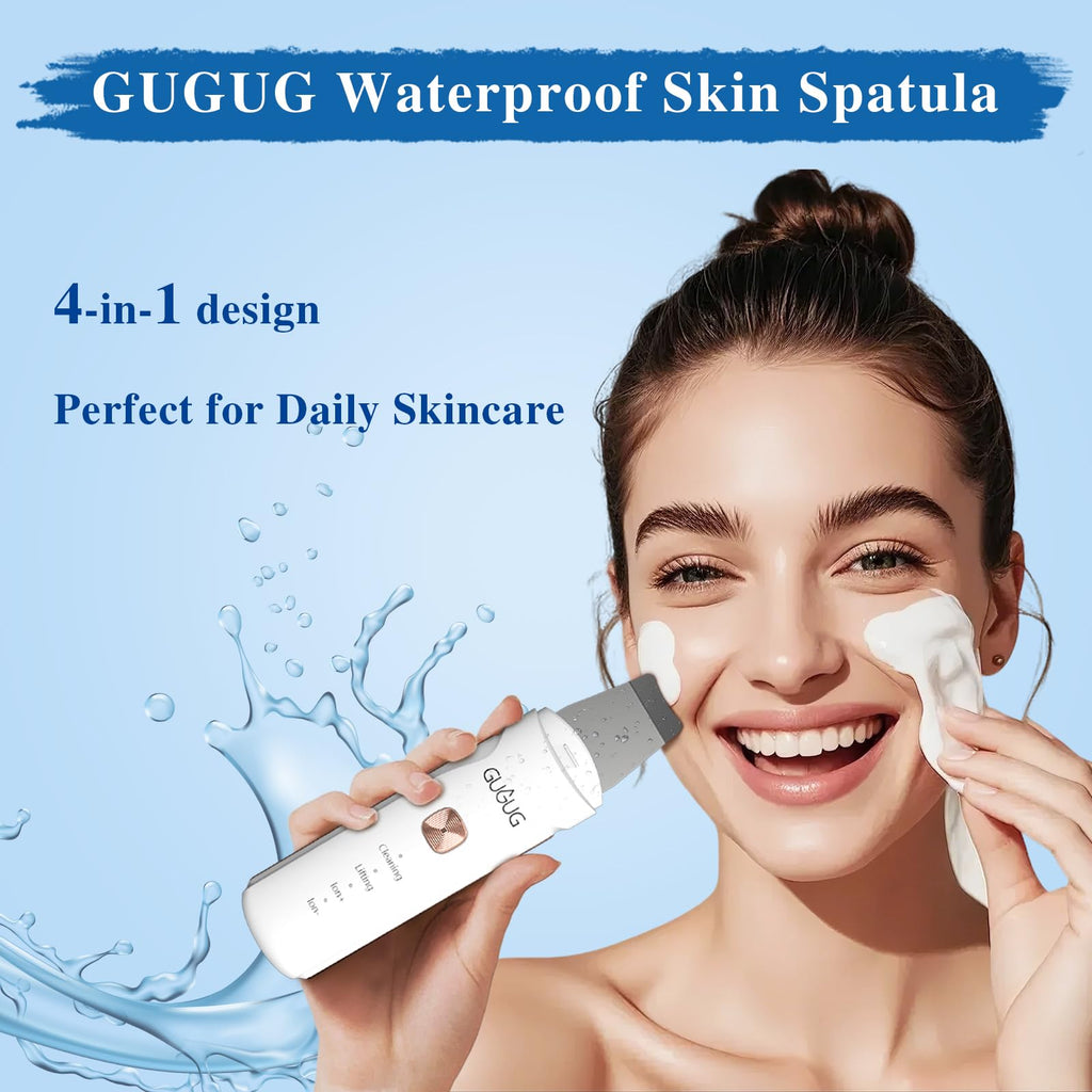 GUGUG Waterproof Skin Scrubber 4-in-1 Facial Spatula Pore Cleaner for Face | Blackhead remover with 4 modes,rounded stainless steel head,10-minute auto-off,Type-C charging and 2 silicone attachments.