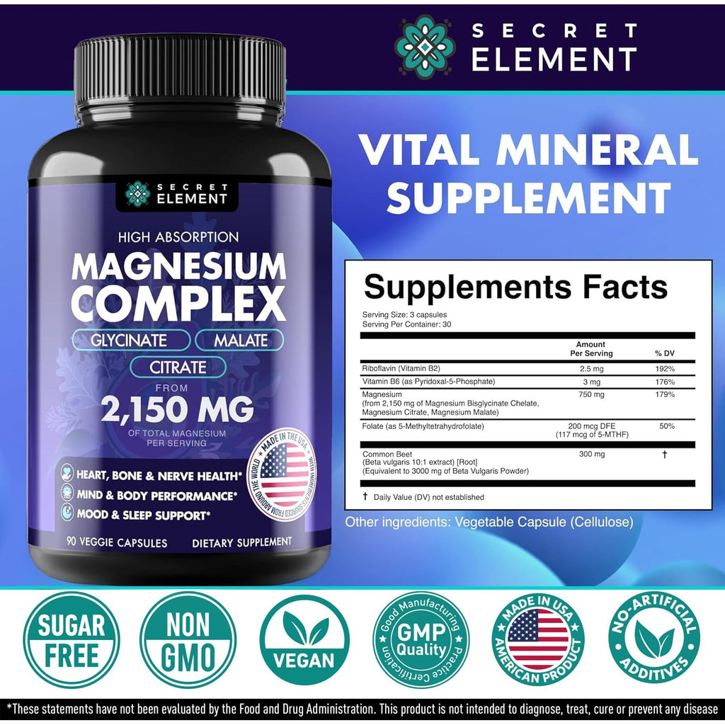 Magnesium Complex 2,150MG, High Absorption Capsules with Magnesium Glycinate, Citrate & Malate, Plus Vitamin B6, B2, Folate & Beet Root, Vegan, Non-GMO, No Artificial Additives, 90 Capsules
