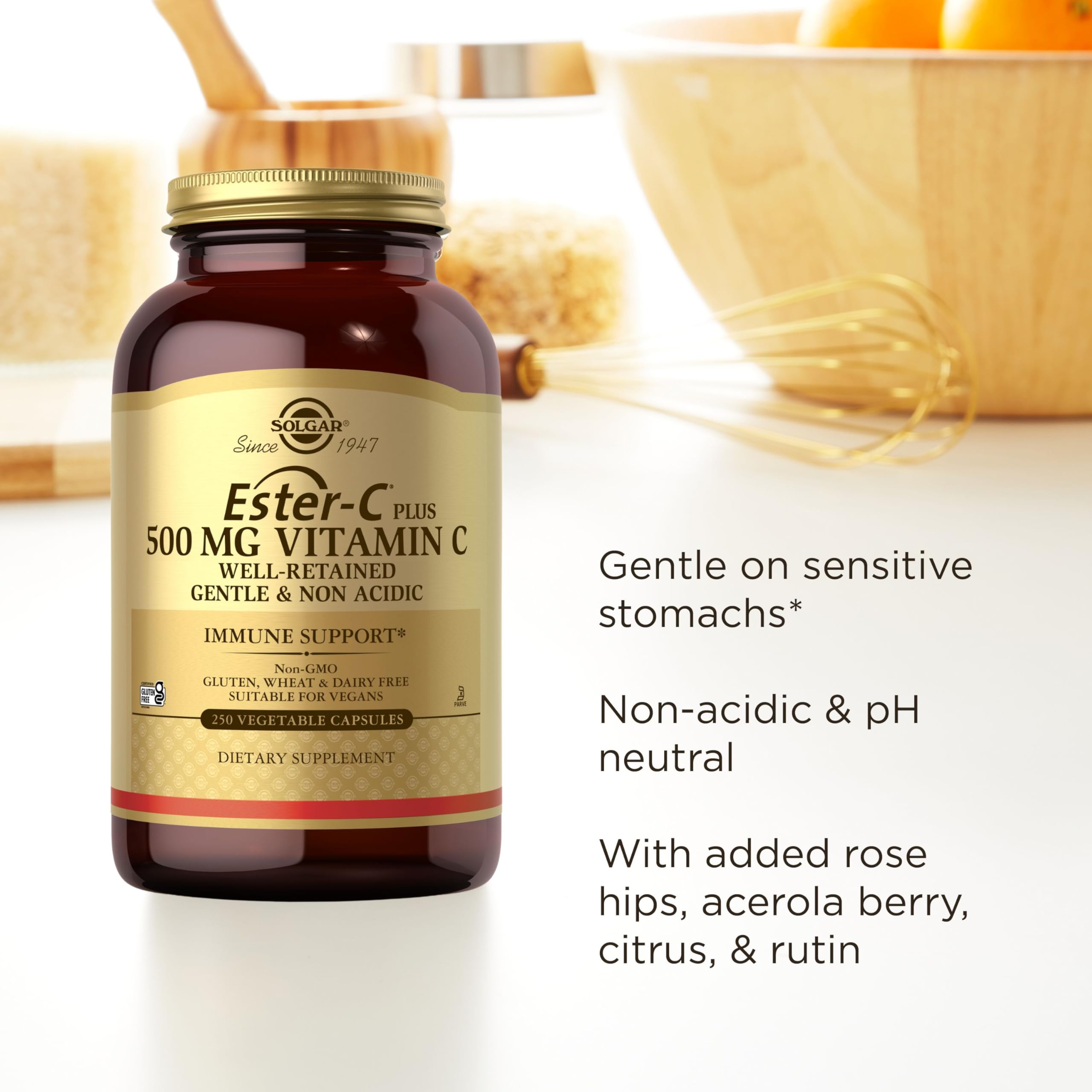 Solgar Ester-C Plus 500 mg Vitamin C (Ascorbate Complex), 250 Servings | Gentle & Non Acidic, Antioxidant & Immune Support - Non GMO, Vegan, Gluten Free, Kosher - 250 Vegetable Capsules