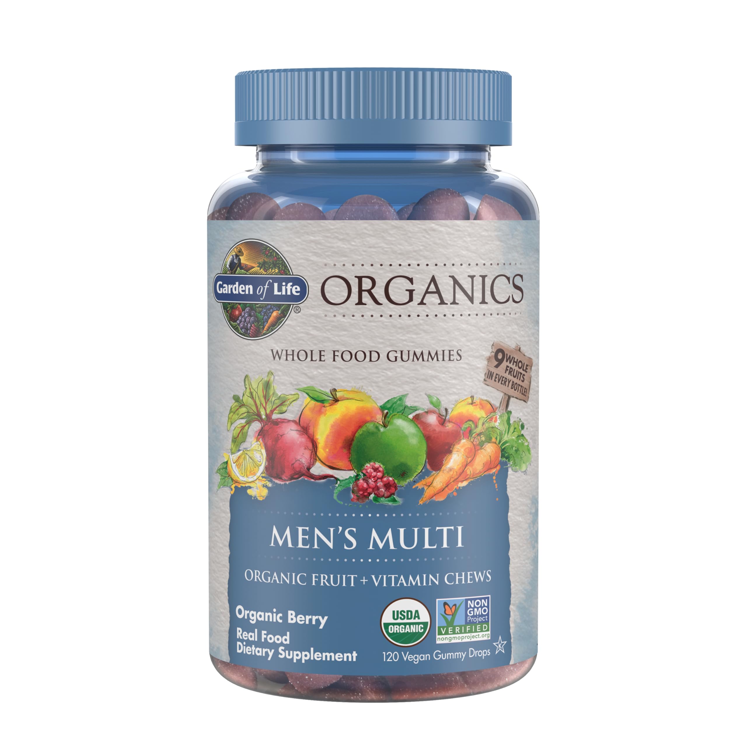 Garden of Life Organics Men's Gummy Vitamins - Berry - Certified Organic, Non-GMO, Vegan, Kosher Complete Multi - Methyl B12, C & D3 - Gluten, Soy & Dairy Free, 120 Real Fruit Chew Gummies