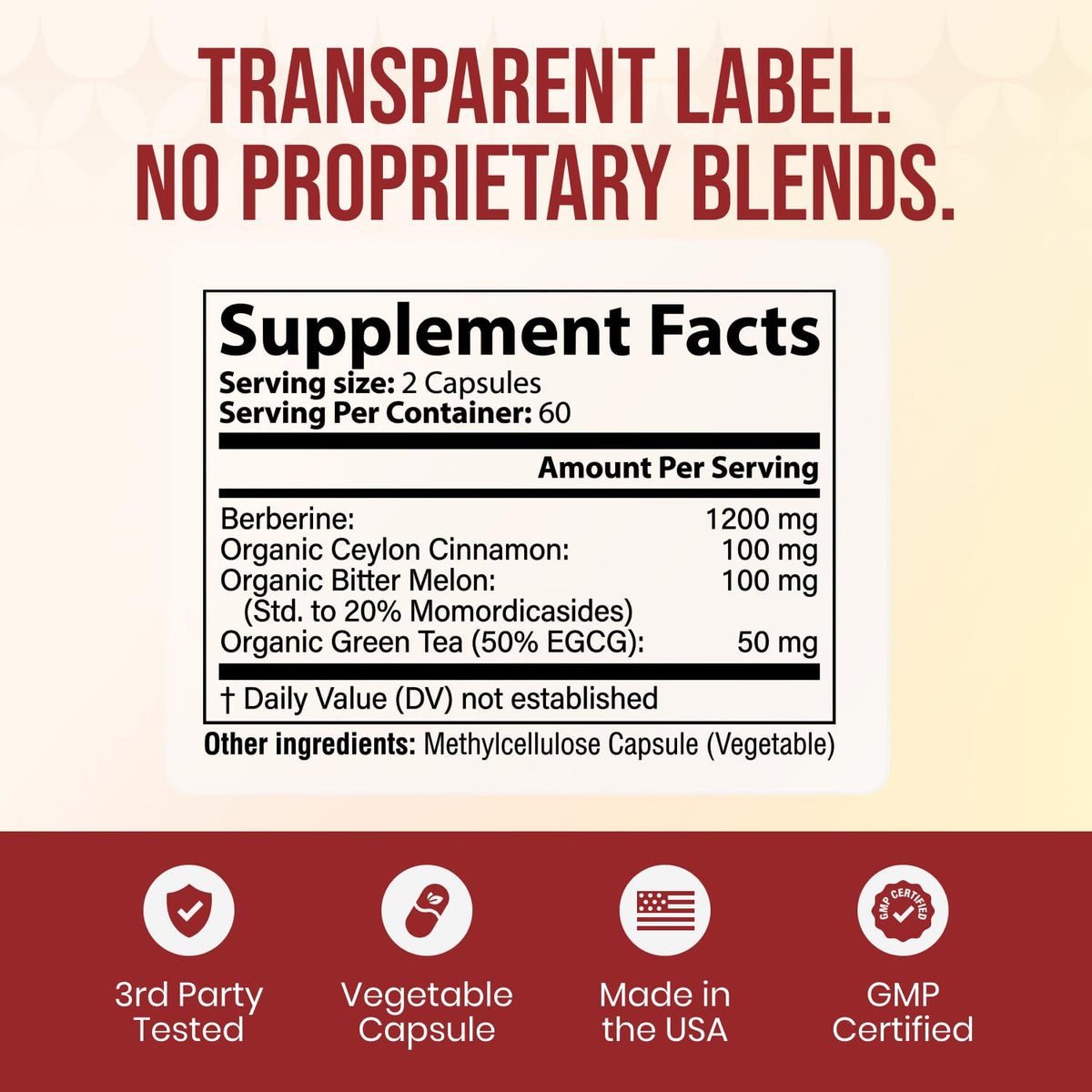 Ancient Bliss Berberine HCL 1200mg with Ceylon Cinnamon, Bitter Melon, and Green Tea Extract - 120 Capsules