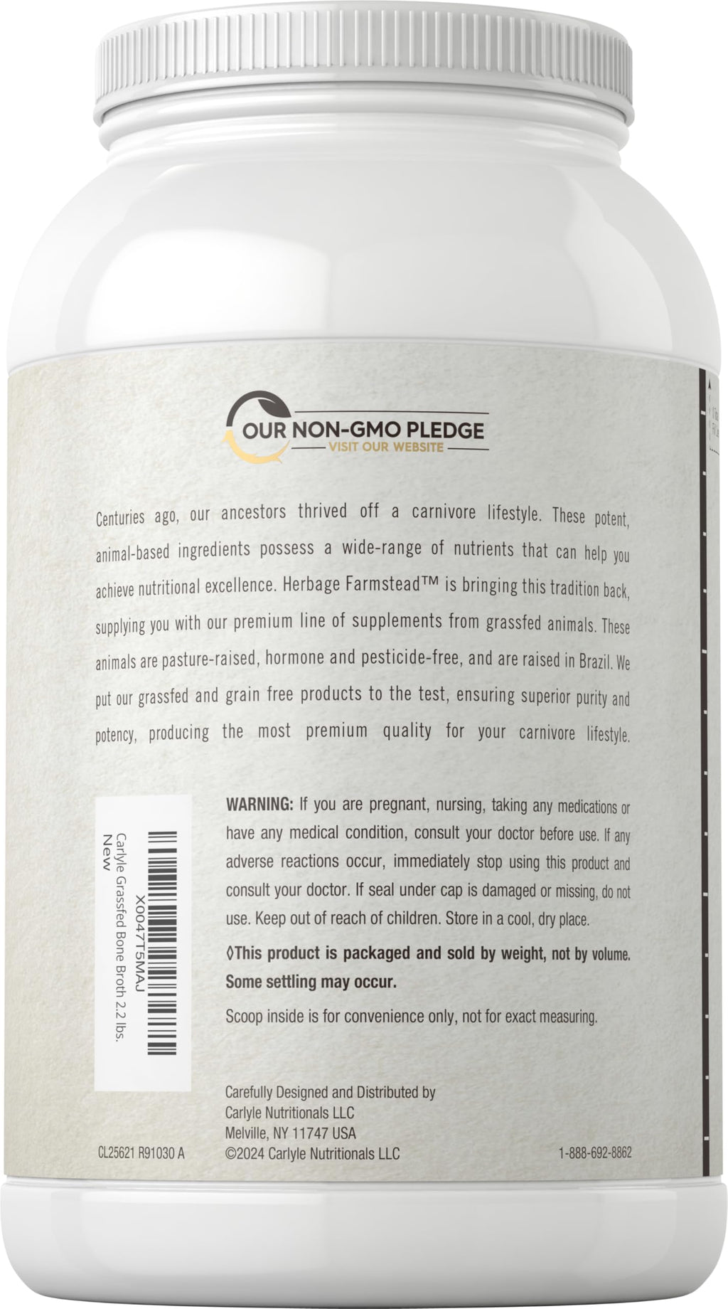 Carlyle Grass Fed Bone Broth Protein Powder | 35.2 oz (2.2lb) | 20g Protein | Pasture Raised, Grain Free Supplement | Non-GMO & Gluten Free | By Herbage Farmstead