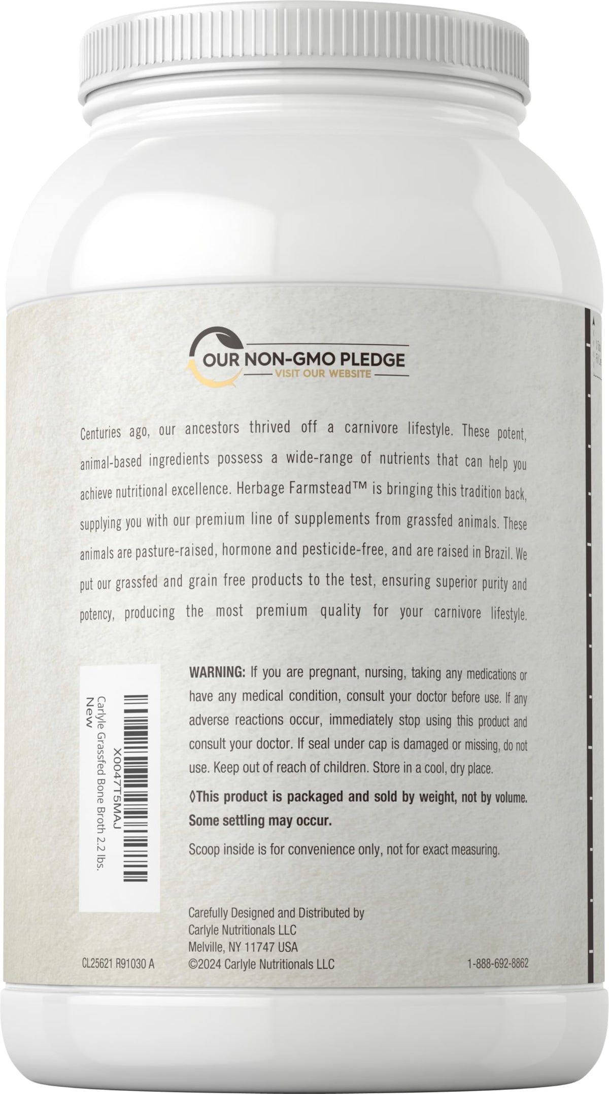 Carlyle Grass Fed Bone Broth Protein Powder | 35.2 oz (2.2lb) | 20g Protein | Pasture Raised, Grain Free Supplement | Non-GMO & Gluten Free | By Herbage Farmstead