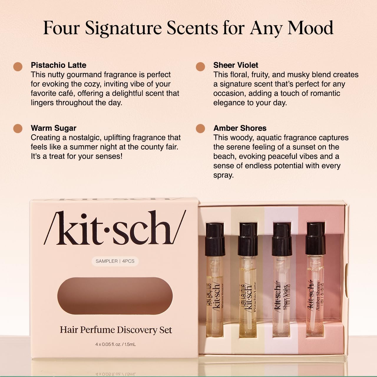 Buy now Kitsch Hair Perfume For Women (Discovery Set) - Pistachio Latte, Warm Sugar, Sheer Violet & Amber Waves - Patented Odor-Eliminating Technology, Hair Spray and Body Mist - 4 x 1.5mL at indiglob india