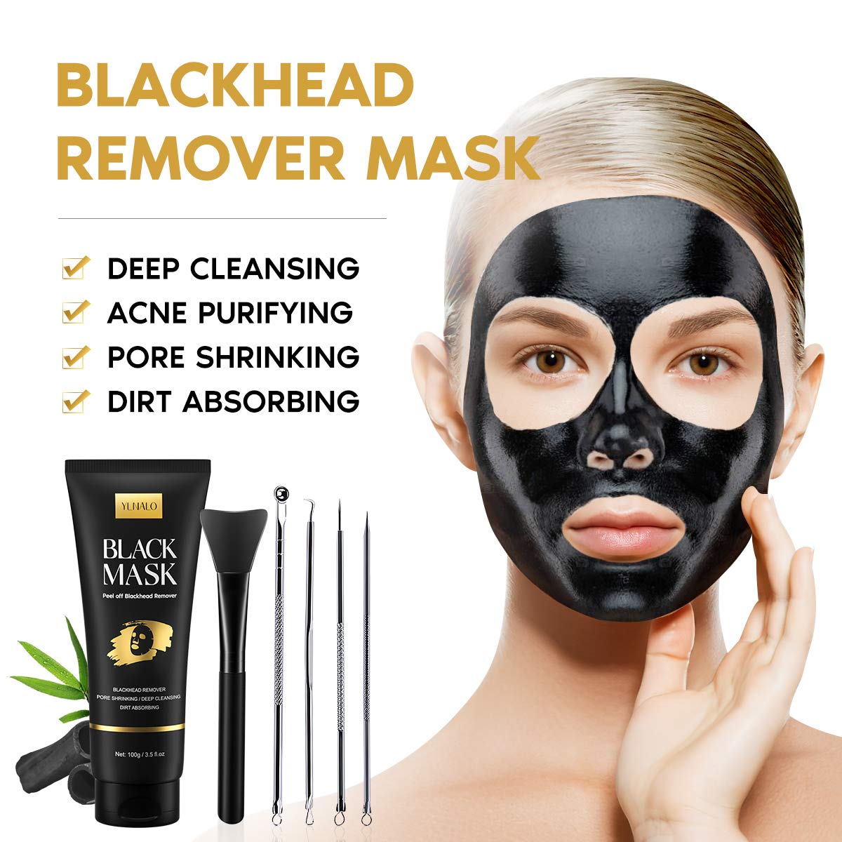 Buy now YLNALO Blackhead Remover Mask Kit, Charcoal Peel Off Facial Mask with Brush and Pimple Extractors, Deep Cleansing for Face Nose Blackhead Pores Acne, For All Skin Types (3.5 Fl.oz) at indiglob india