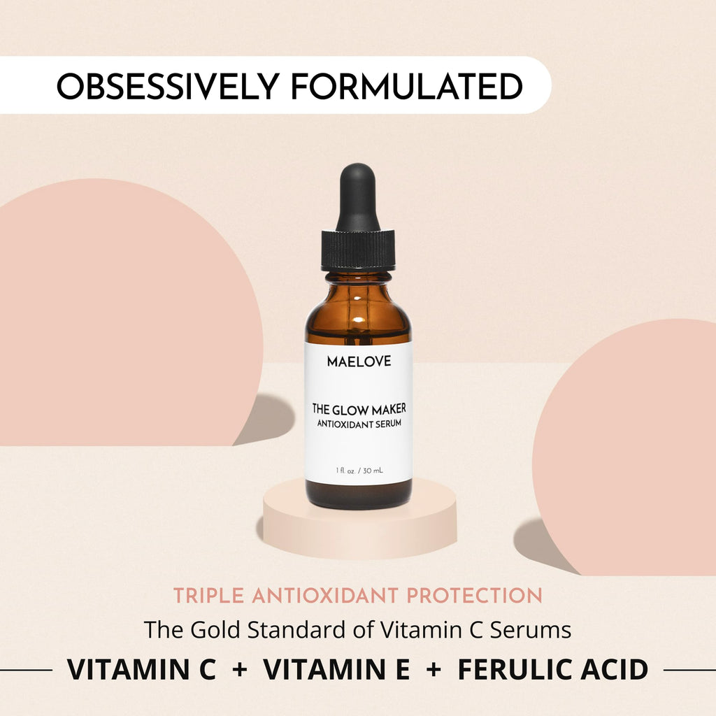 MAELOVE Glow Maker Vitamin C Serum with Vitamin E & Ferulic Acid, 1 fl oz | Gold standard formula of Vitamin C E, Ferulic Acid & Hyaluronic Acid, Award-Winning Brightening and Hydrating Facial Serum