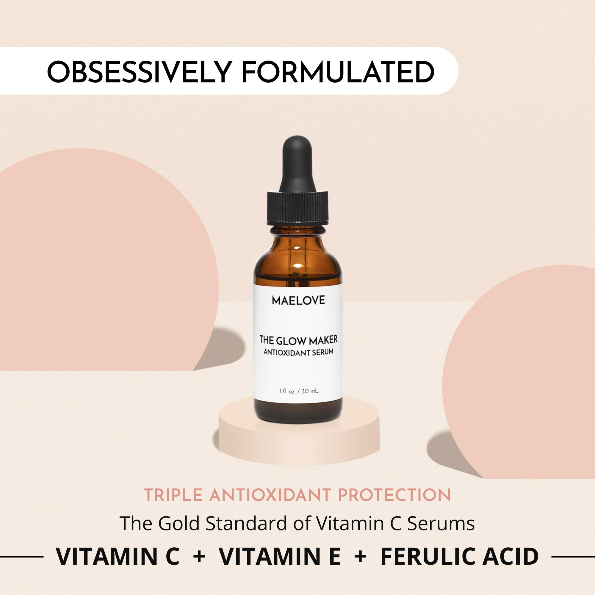 MAELOVE Glow Maker Vitamin C Serum with Vitamin E & Ferulic Acid, 1 fl oz | Gold standard formula of Vitamin C E, Ferulic Acid & Hyaluronic Acid, Award-Winning Brightening and Hydrating Facial Serum