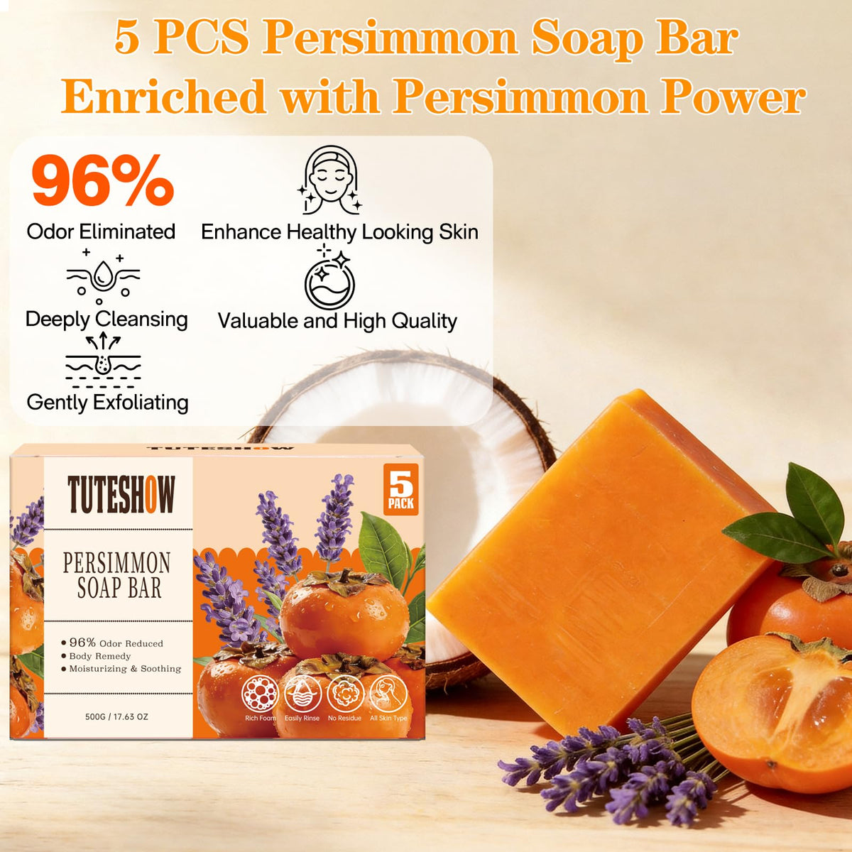 Persimmon Soap Bar for Old People Smell, with Green Tea Odor Eliminator
