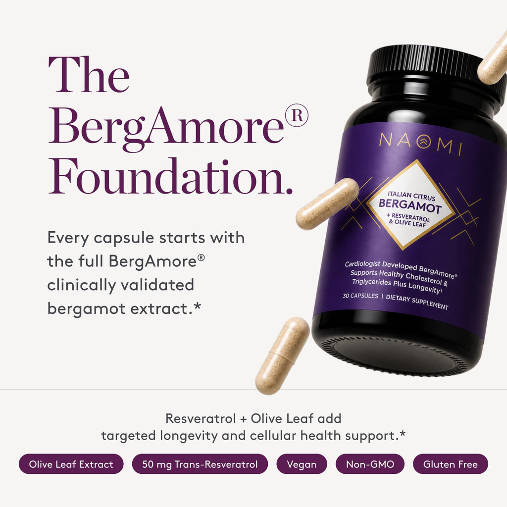 NAOMI Italian Citrus Bergamot 500mg with Resveratrol - Supports Healthy Cholesterol & Triglyceride Levels Already in Normal Range - Patented BergAmore® Extract, 7 Key Polyphenols, 30-Day Supply