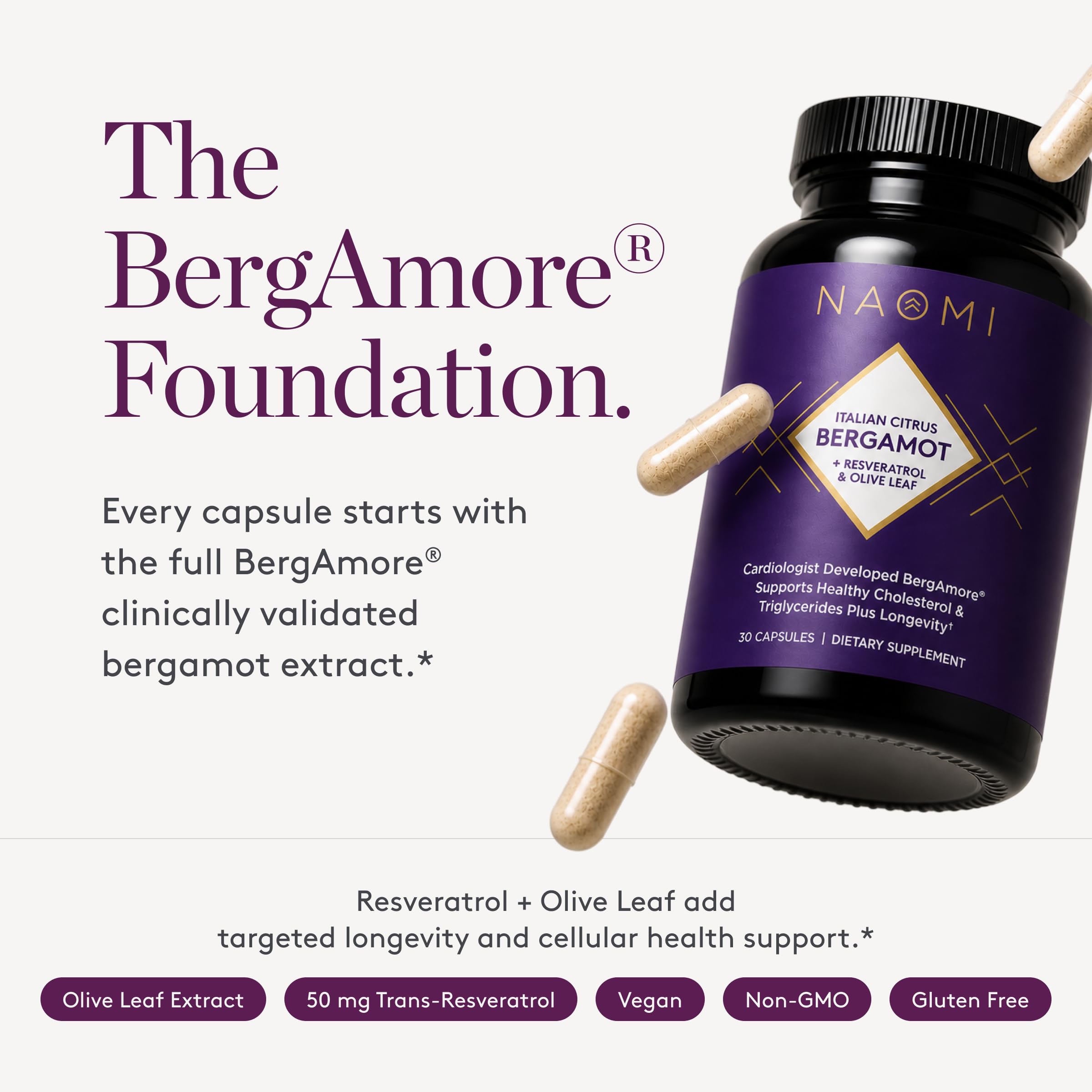 NAOMI Italian Citrus Bergamot 500mg with Resveratrol - Supports Healthy Cholesterol & Triglyceride Levels Already in Normal Range - Patented BergAmore® Extract, 7 Key Polyphenols, 30-Day Supply