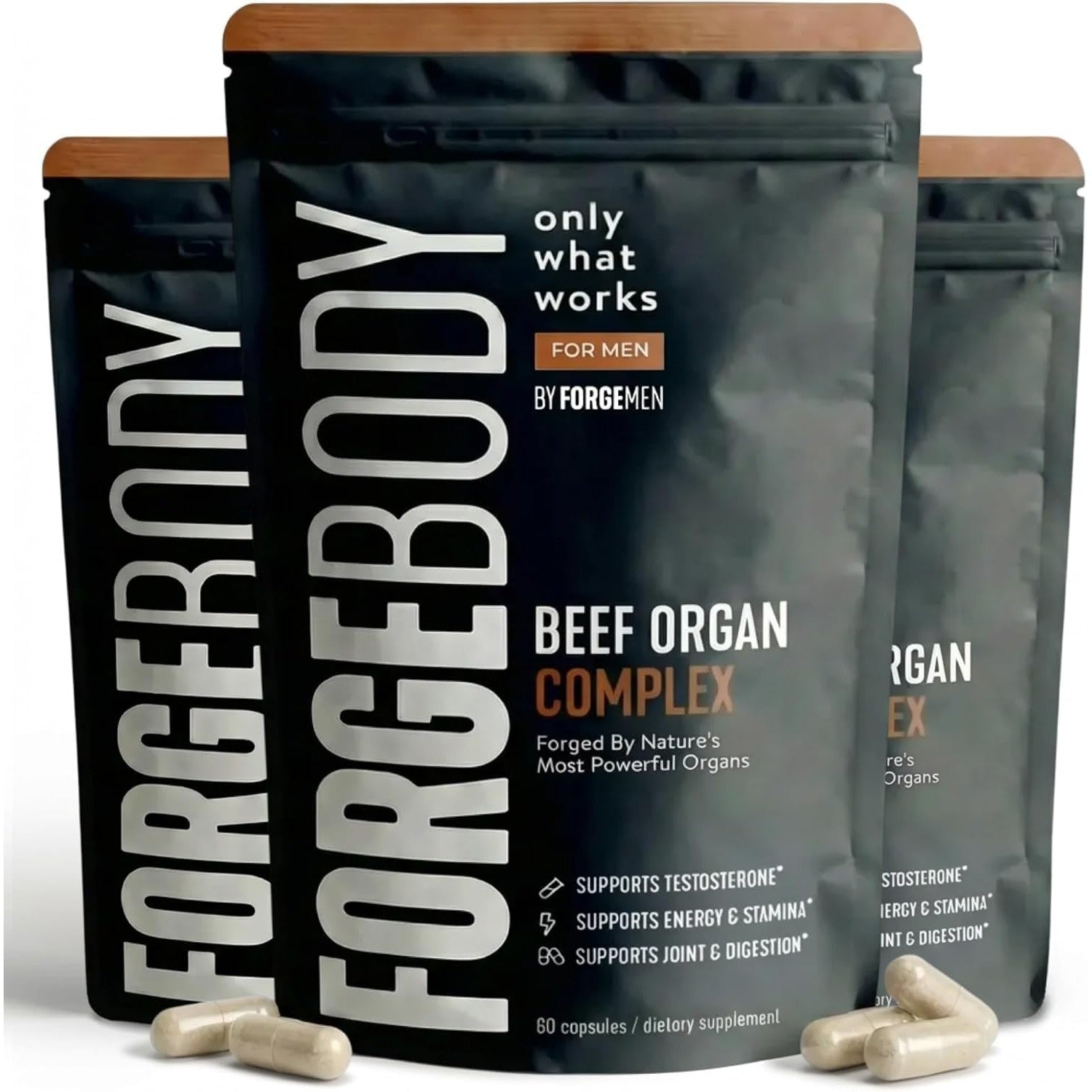 Forgebody Beef Liver & Organ Complex Supplement, Grass-Fed Liver, Heart, Bone Marrow, Pancreas, Testicles Ancestral Nutrition for Athletes and Active Men, Supports Energy + Recovery + Brain, 1 Month