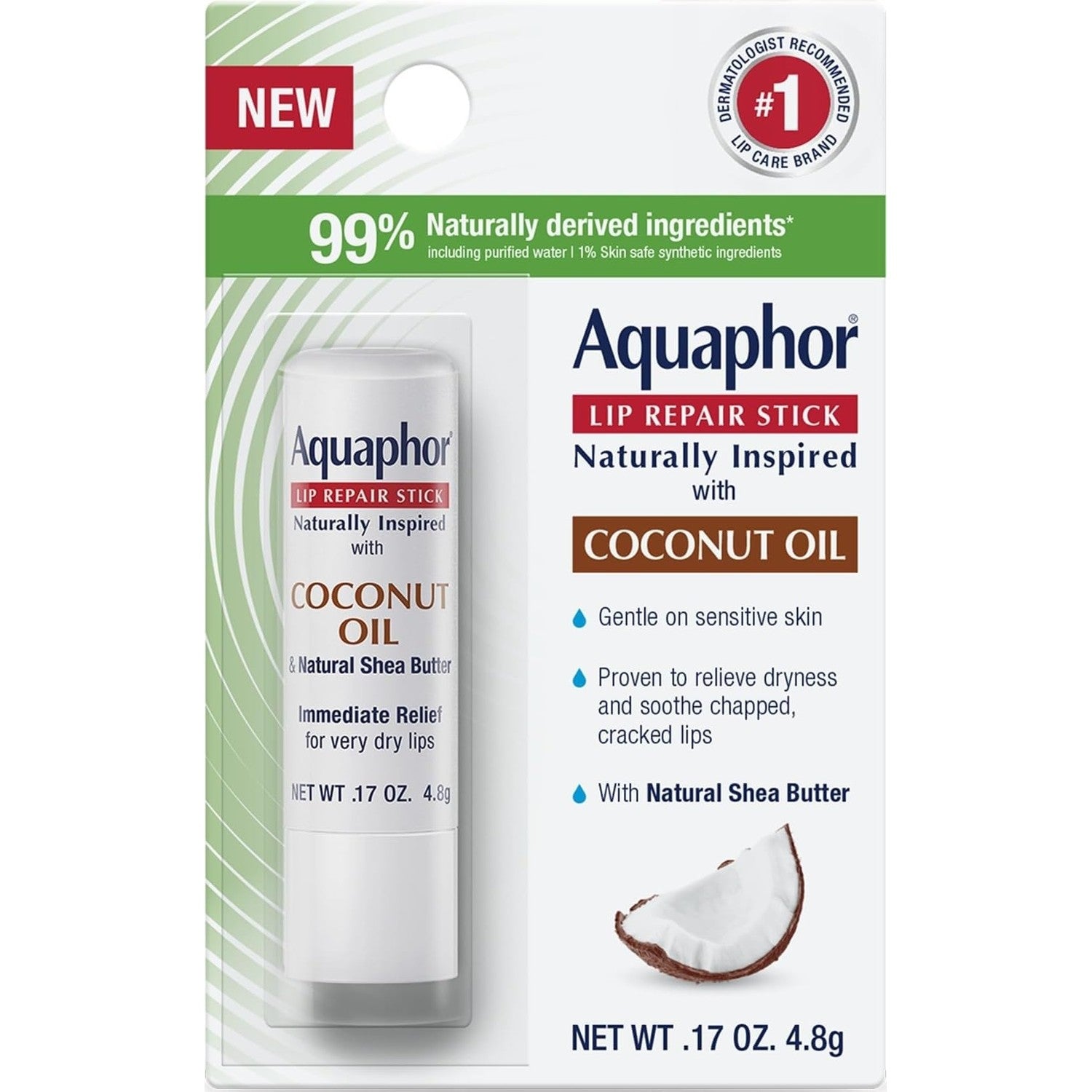 Aquaphor Naturally Inspired Lip Repair Stick with Coconut Oil, 0.17 OZ | Coconut Oil Lip Balm with Shea Butter Immediately Relieves Dryness, Dye, Preservative and Fragrance Free