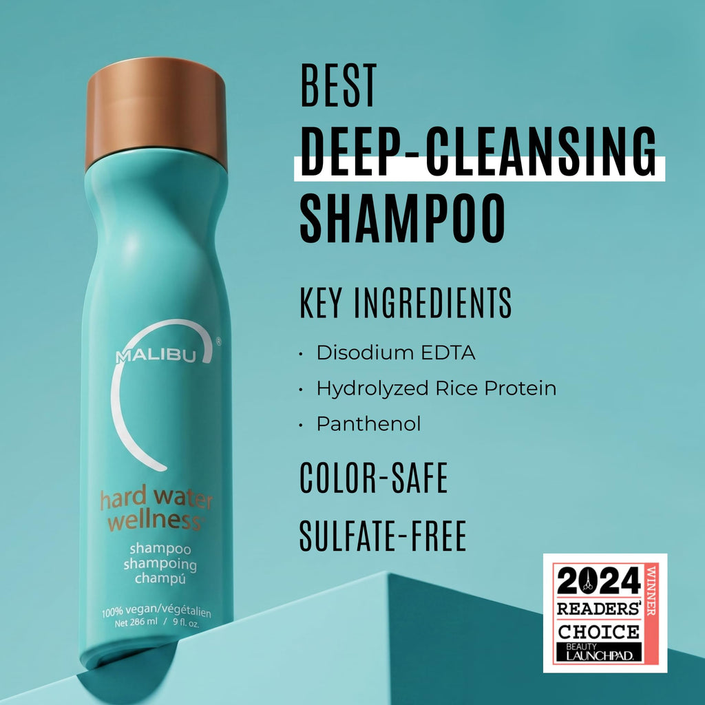 Malibu C Hard Water Wellness Shampoo - Hydrating, Sulfate-Free Hair Care for Hard Water - Removes Minerals and Buildup (9 oz) | Hydrating, Sulfate-Free Detox Shampoo for Hard Water, Gently Removes Minerals & Buildup, Vegan & Cruelty-Free Hair Care