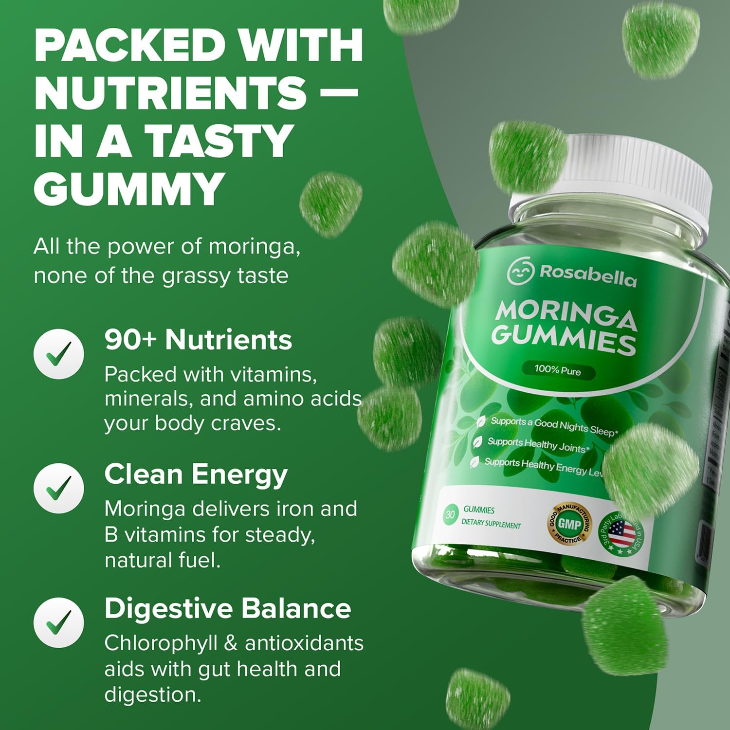 Buy now Rosabella Moringa Gummies â€“ Moringa Leaf Extract 1000mg Equivalent Per Serving â€“ Natural Energy & Balance â€“ Non-GMO, Gluten-Free Superfood Gummies for Women & Men â€“ 30 Count at indiglob india