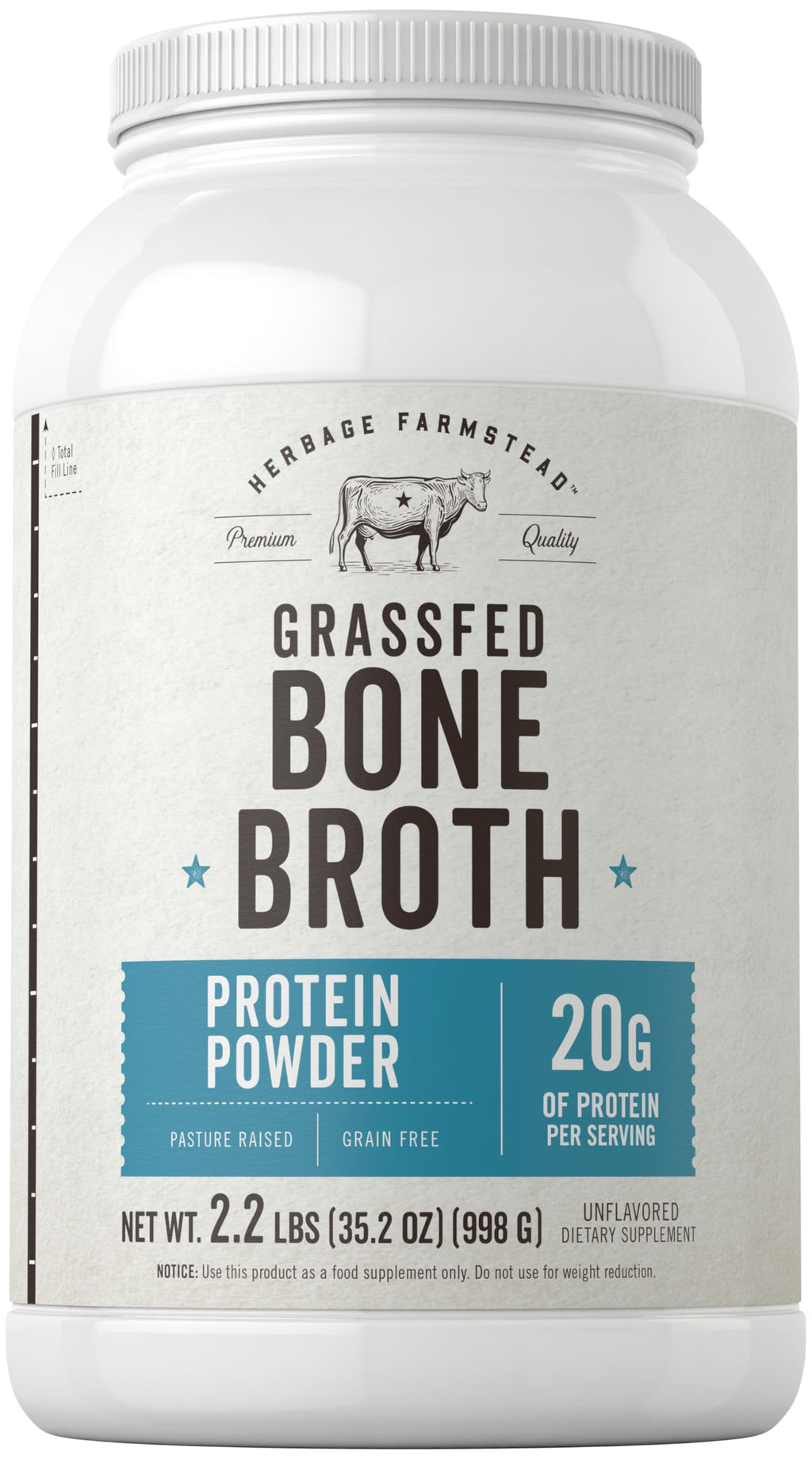 Carlyle Grass Fed Bone Broth Protein Powder | 35.2 oz (2.2lb) | 20g Protein | Pasture Raised, Grain Free Supplement | Non-GMO & Gluten Free | By Herbage Farmstead