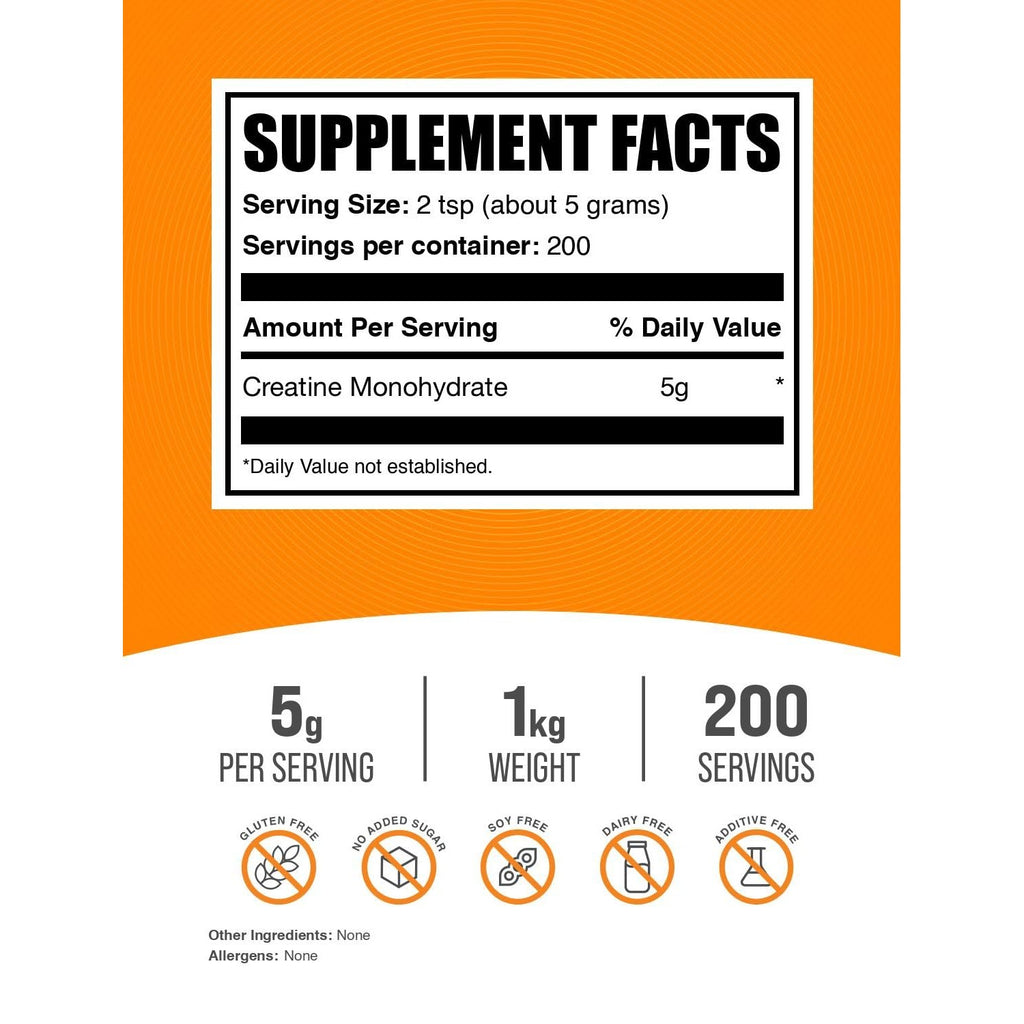 BulkSupplements.com Creatine Monohydrate Powder - Micronized Creatine Powder, Unflavored - Pure & Gluten Free, 5g (5000mg) per Servings, 1kg (2.2 lbs) (Pack of 1)