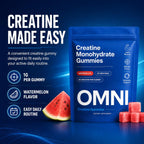 Omni Creatine Monohydrate Gummies for Women & Men, Convenient & Easy to Take, Great Tasting Watermelon Flavor, 1g per Gummy, Low Sugar, Watermelon Flavor