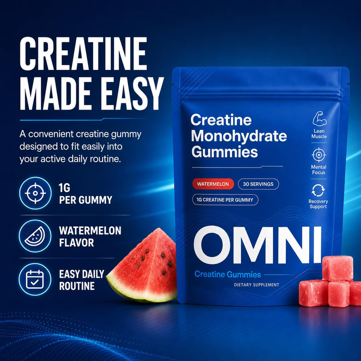 Omni Creatine Monohydrate Gummies for Women & Men, Convenient & Easy to Take, Great Tasting Watermelon Flavor, 1g per Gummy, Low Sugar, Watermelon Flavor