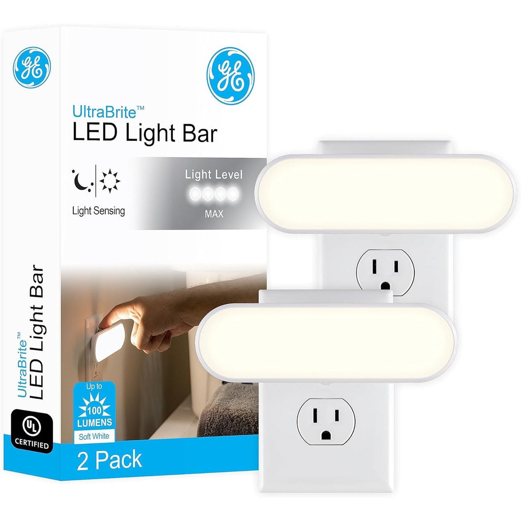 Buy now GE Ultrabrite LED Light Bar Night Lights Plug Into Wall Room Decor Ambient Lighting Dusk to Dawn Sensor Bright Nightlight, White, 100 Lumens, 2 Pack 2 Pack White 100 Lumens at indiglob india