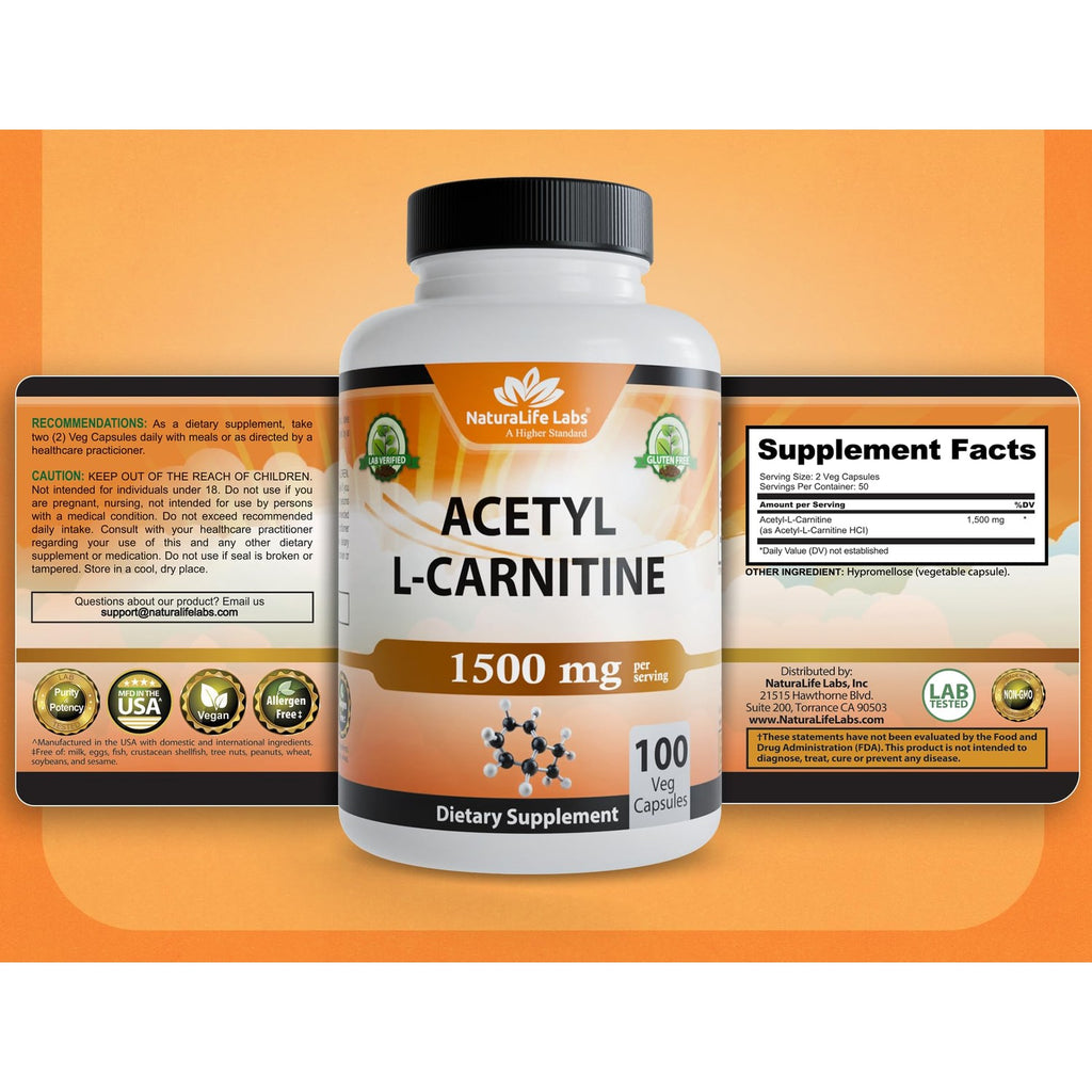NaturaLife Labs Acetyl L-Carnitine (ALCAR) 1500 mg per Serving – 100 Capsules – Non-GMO, Gluten-Free, Vegan (2 Pack)