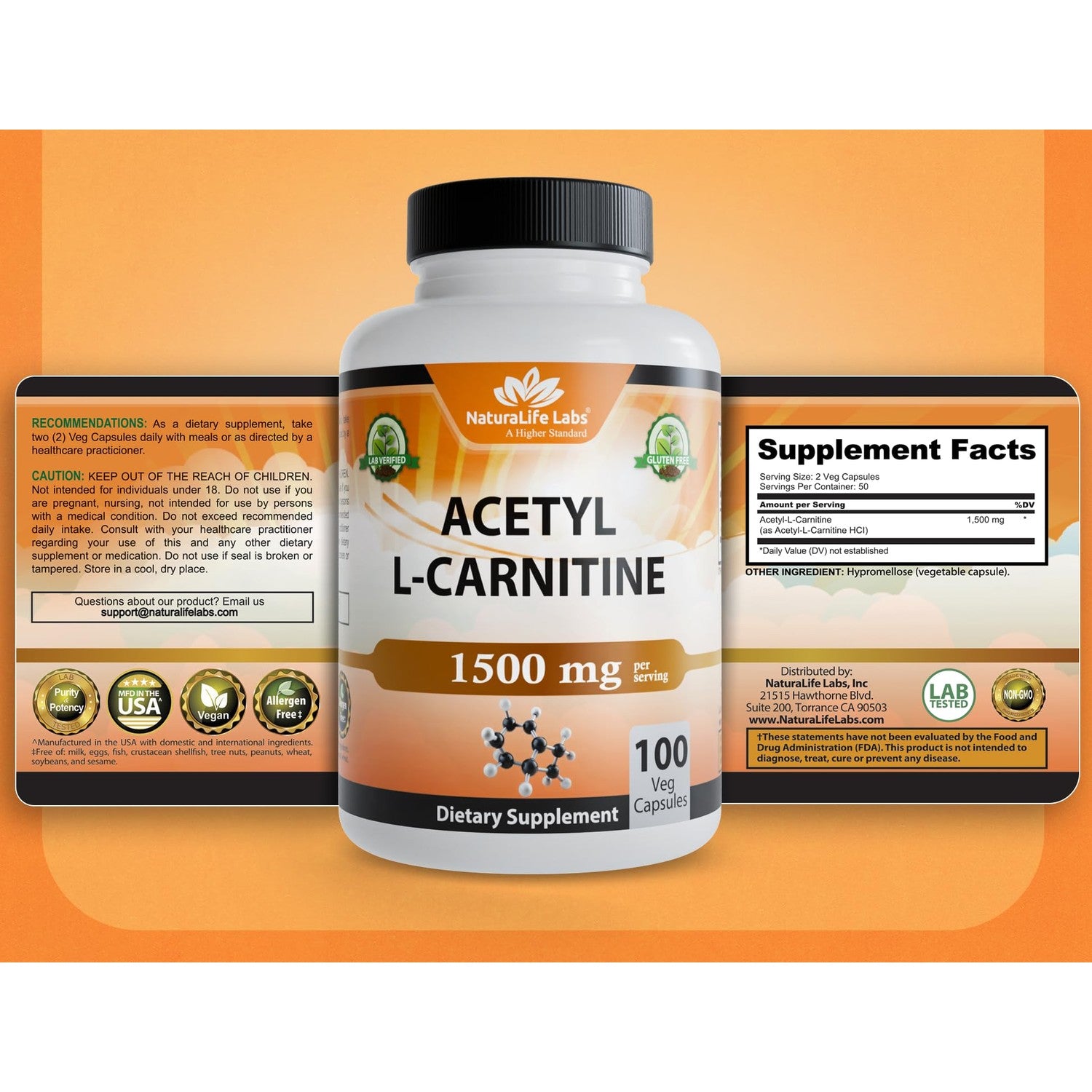 NaturaLife Labs Acetyl L-Carnitine (ALCAR) 1500 mg per Serving – 100 Capsules – Non-GMO, Gluten-Free, Vegan (2 Pack)